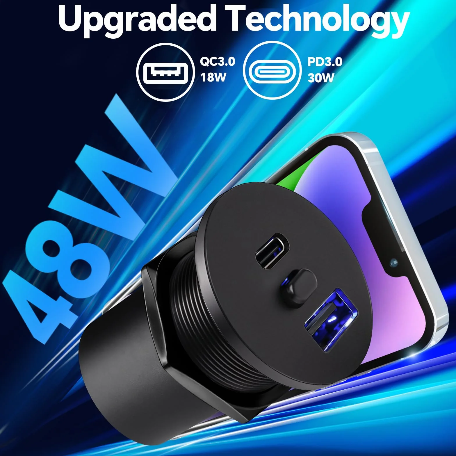 Acegoo Gniazdo USB C 12V Kamper 48W Aluminium Ładowarka samochodowa PD3.0 QC3.0 szybkie ładowanie 2 szt.