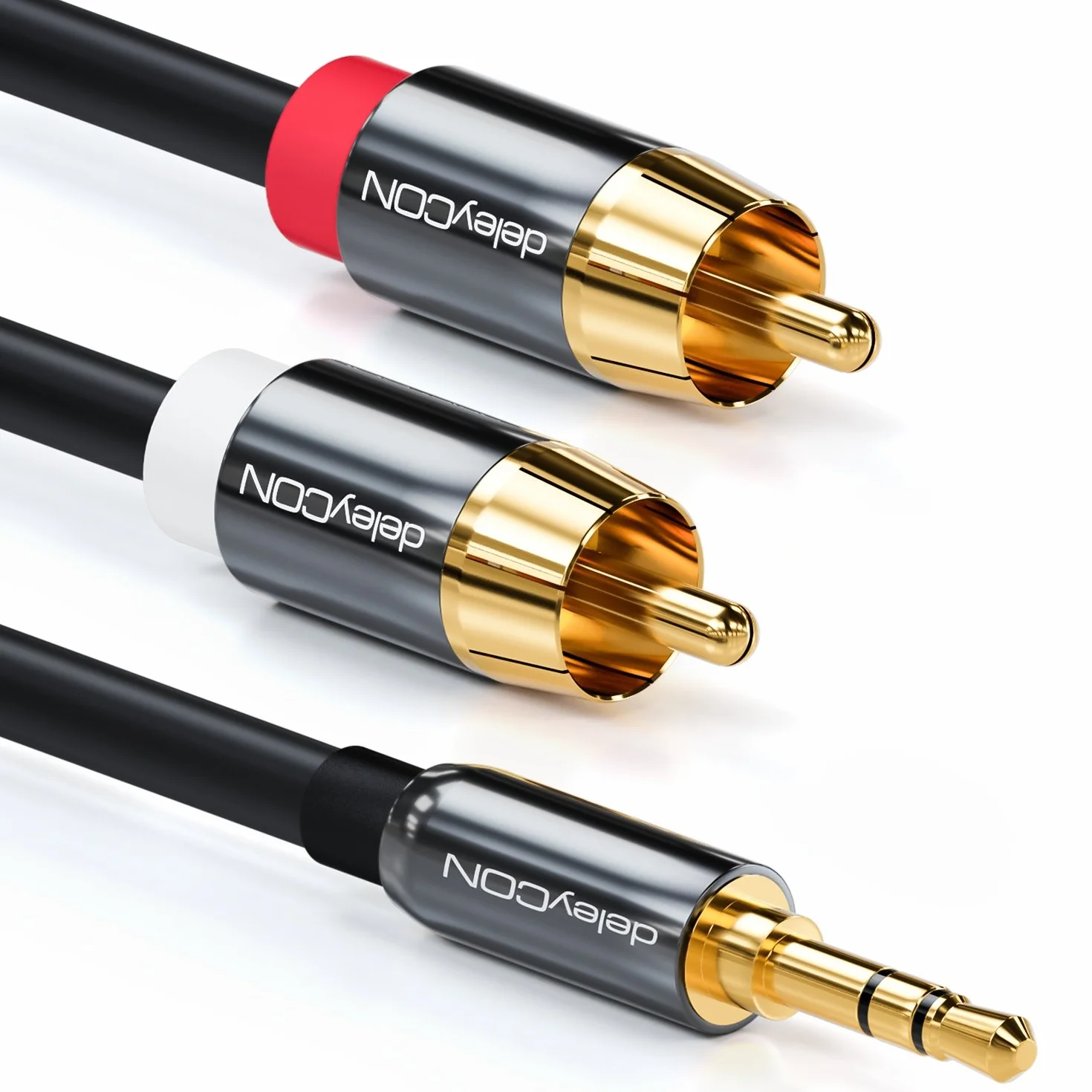 deleyCON 1m Kabel Klinke Cinch 3,5mm Audio Stereo 2x RCA Metalowe Wtyki Czarny