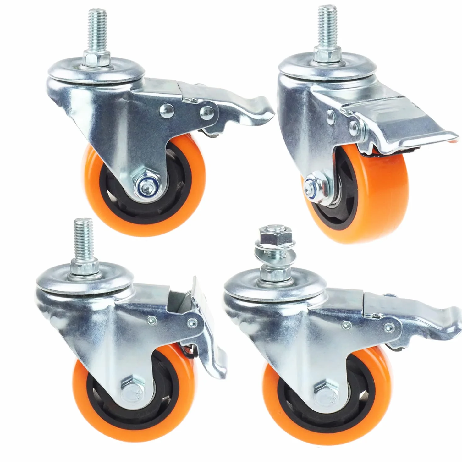 Wytrzymałe, obrotowe koła, 3-calowe żółte kółka z trzpieniem metrycznym M12-1,75x25 mm, podwójne hamulce, kółka bezpieczne do 1200 funtów/zestaw do przemysłu i mebli, zestaw 4 szt.