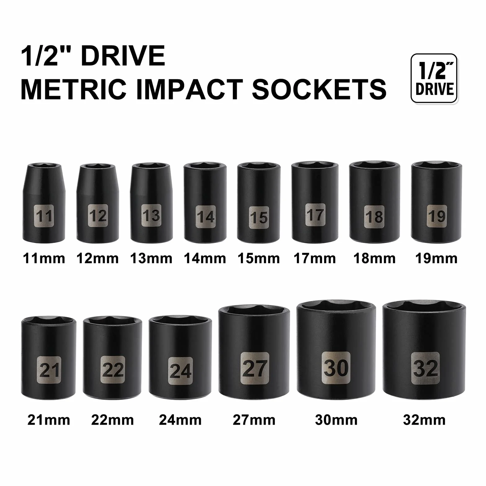Mayouko Zestaw płytkich gniazd metrycznych 1/2", CR-V, 6 punktów, 14 sztuk, 11 mm do 32 mm