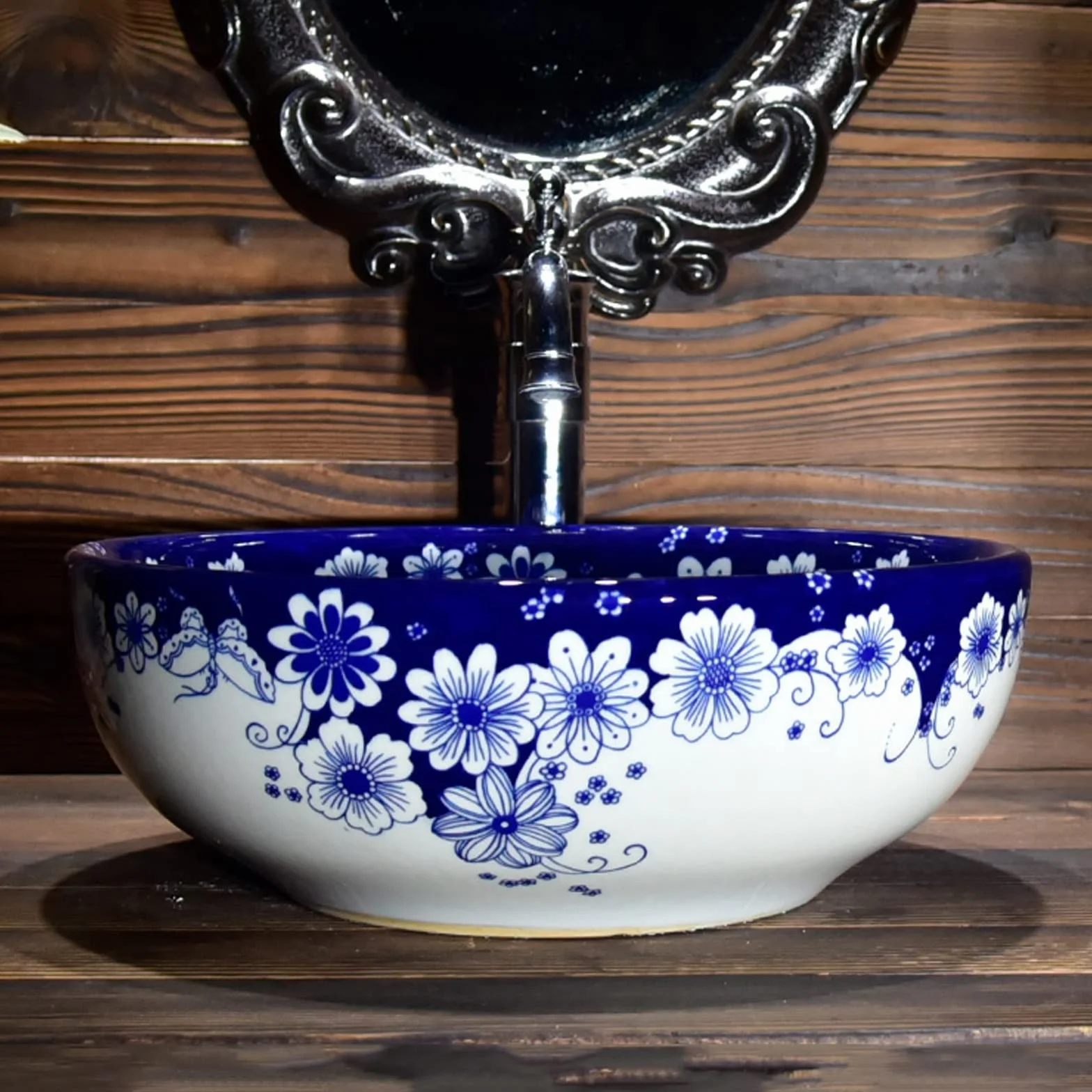 Umywalka Łazienkowa W Chińskiej Tradycji, Niebiesko-Biała, Porcelanowa, Okrągła, Ceramiczna Umywalka Nablatowa, Umywalka Nablatowa Do Łazienki