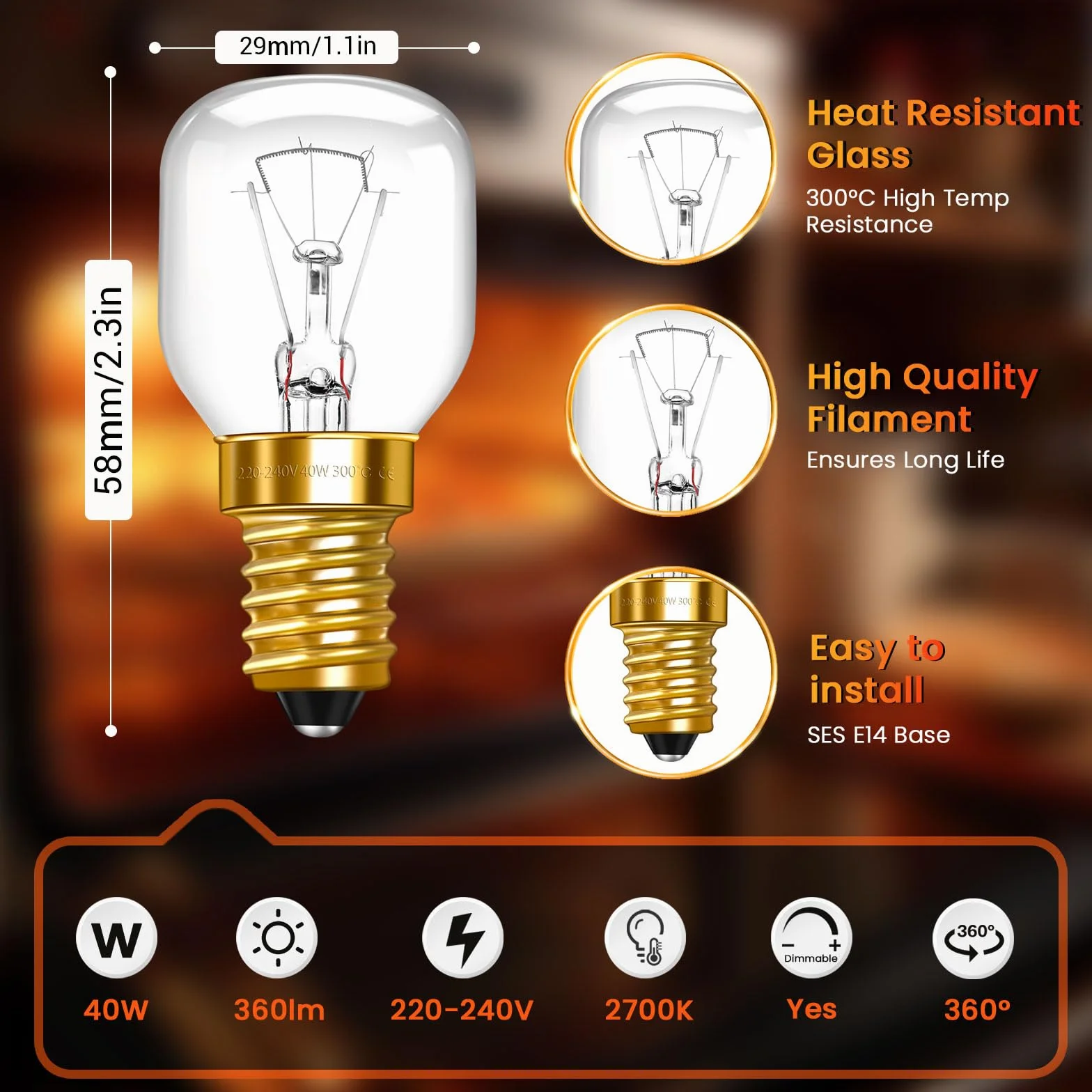 Caldarax Zestaw 2 żarówek E14 T30, ściemnialna żarówka do piekarnika, odporna na 300 stopni, 360 LM 2700K ciepła biel, AC 220-240 V, żarówka E14 do piekarnika, mikrofalówki, lodówki, lampy solnej