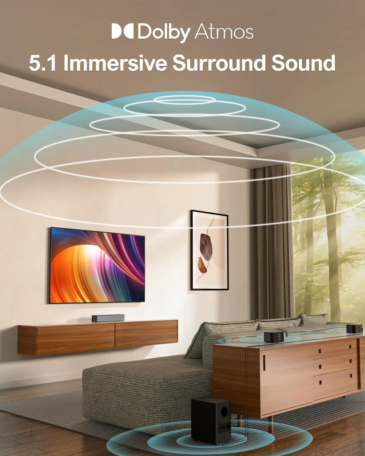 ULTIMEA Soundbar 5.1 Dolby Atmos, system dźwięku przestrzennego 3D, subwoofer, Bluetooth 5.3, Poseidon D60