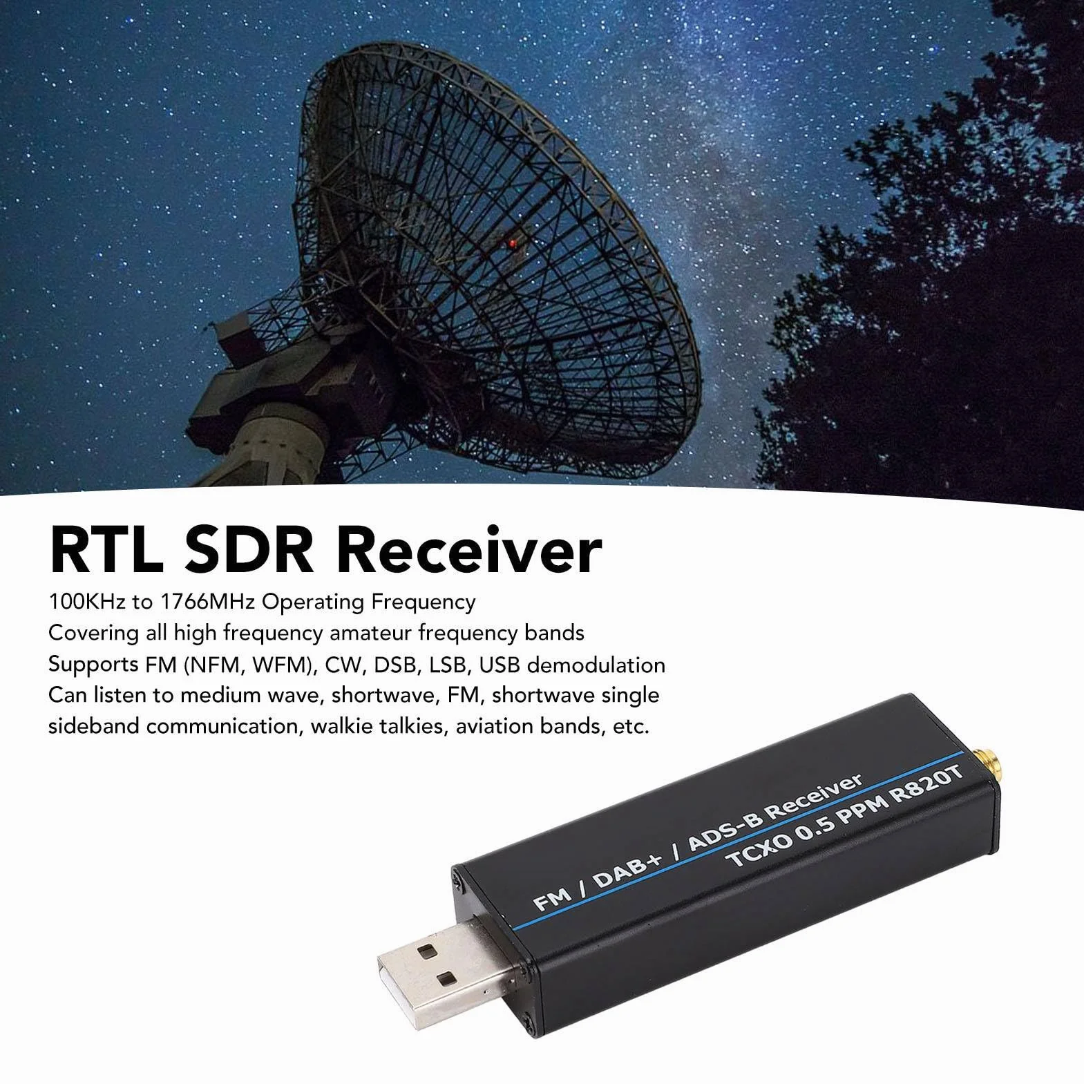 Odbiornik RTL SDR RTL2832U R820T2 0,5 PPM TCXO USB 100 KHz-1766 MHz Pełnozakresowy VHF UHF Krótkofalówka