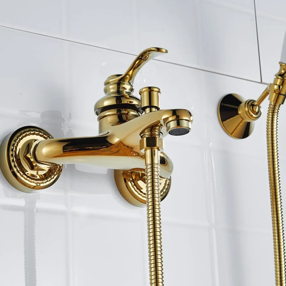Retro mosiężny kran wannowy z naścienną głowicą prysznicową 150 cm wąż tradycyjny design luksusowe złote wykończenie idealny do renowacji i modernizacji łazienki