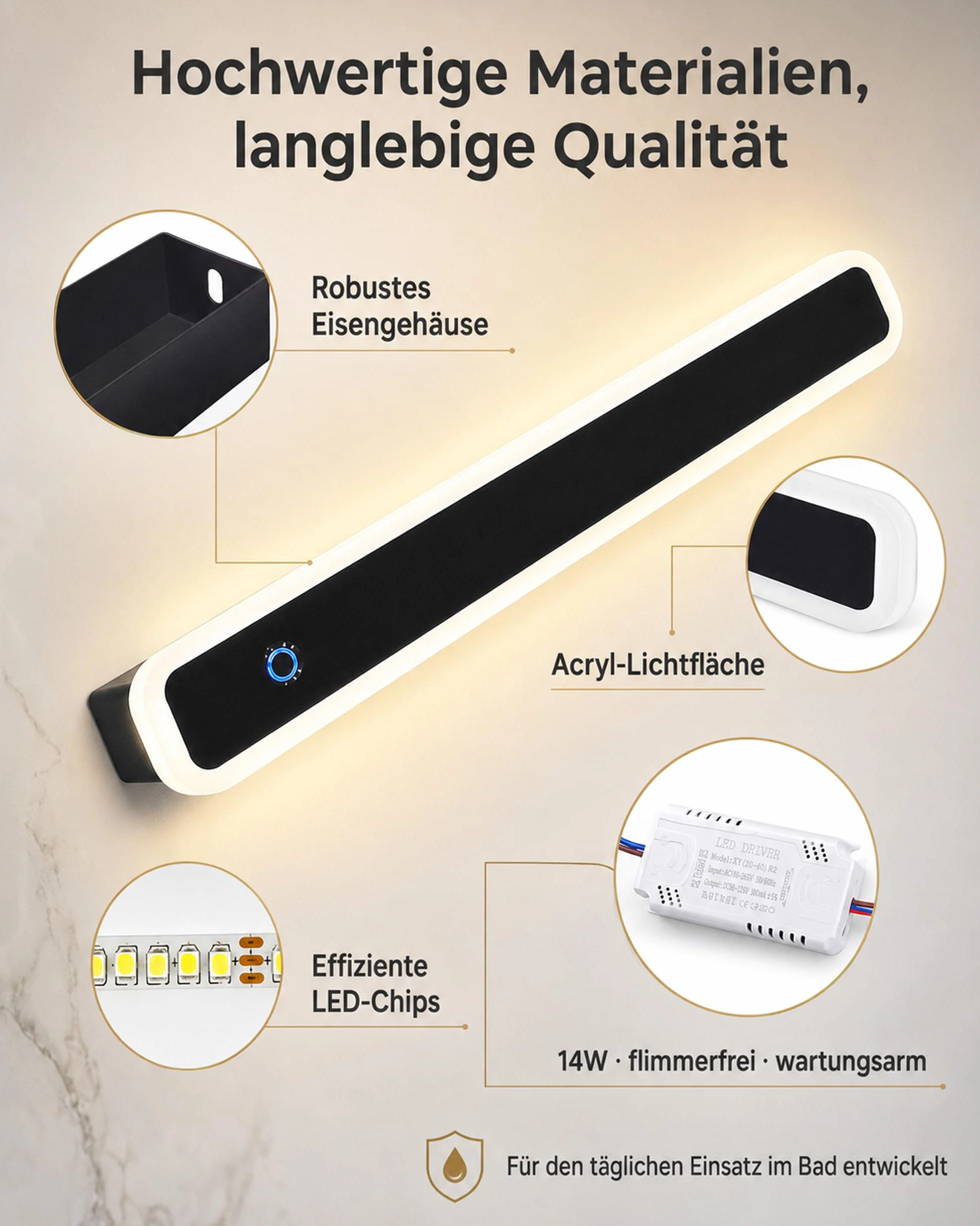 ACMHNC Lampa LED do lustra łazienki, 40 cm ściemniana lampa ścienna wewnętrzna nowoczesna z przełącznikiem dotykowym, 14 W do lustra, 3000 K/4000 K/6000 K, bez migotania