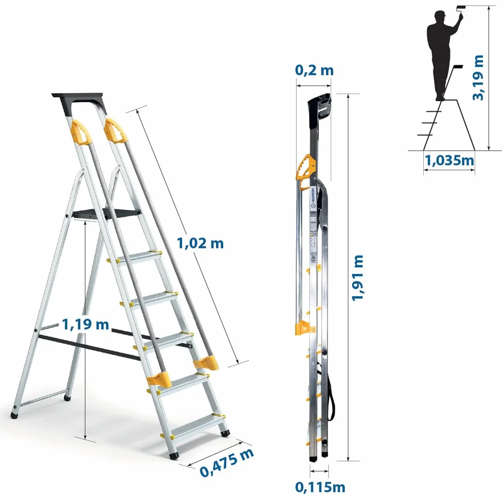 6-stopniowa drabina z rampami, półką na narzędzia, aluminiowym podnóżkiem, wysokość platformy 119 cm, 5 lat Hoström