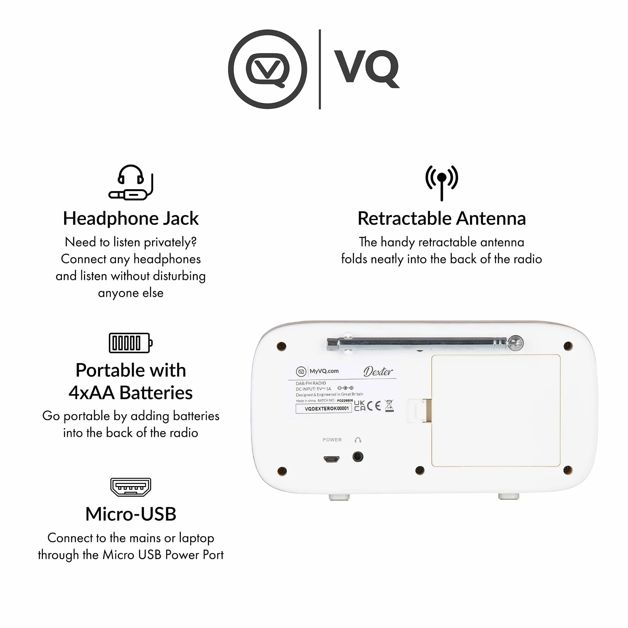 VQ Dexter Radio DAB Plus/DAB z FM, Głośniki Stereo 3W i Wyświetlacz LCD - Zasilane z Prądu i Baterii, Przenośne Radio z 60 Zapamiętanymi Stacjami, Anteną i Gniazdem Słuchawkowym - Dąb
