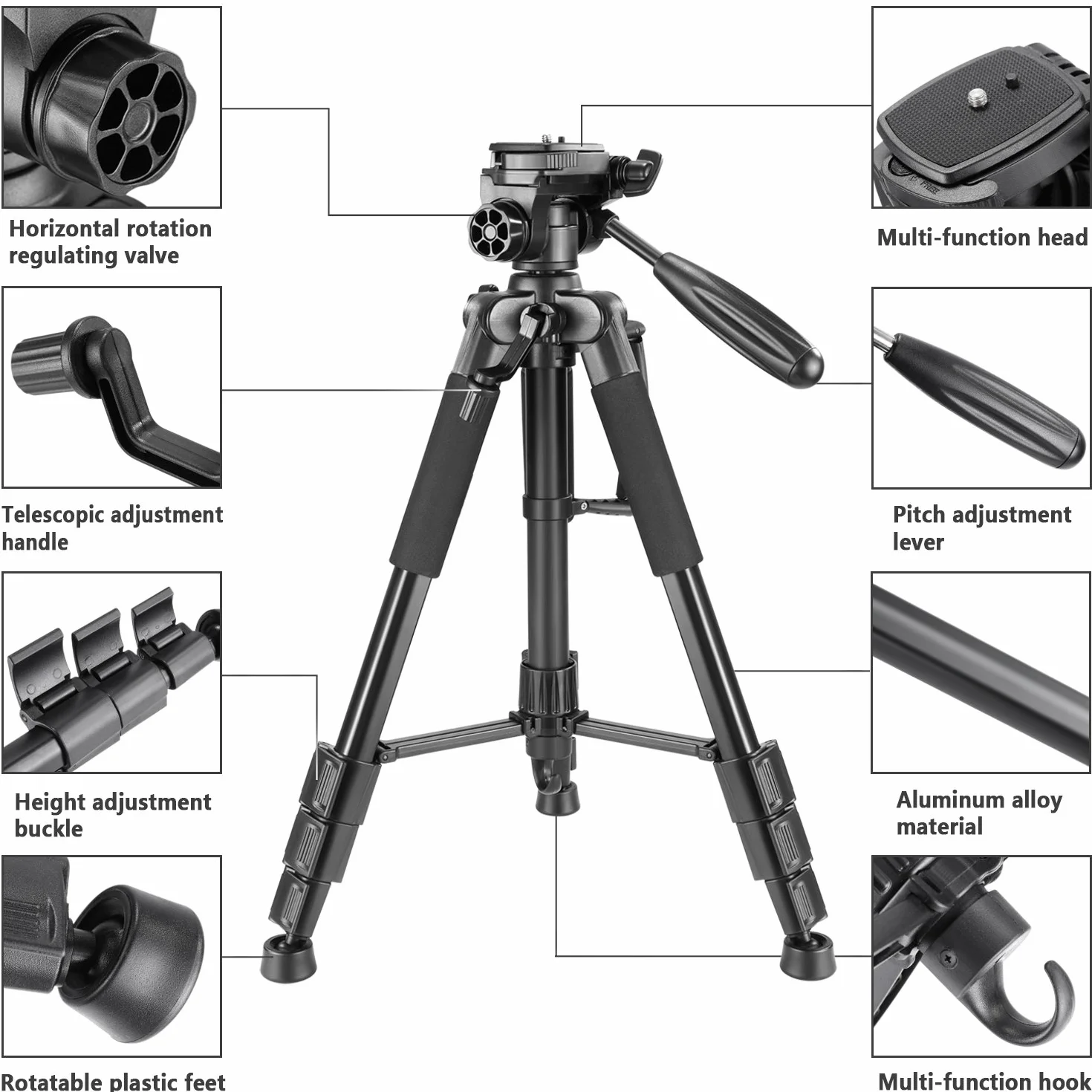 Neewer Statyw do aparatu 142 cm ze stopu aluminium 3-kierunkowa głowica obrotowa obciążenie 4 kg czarny