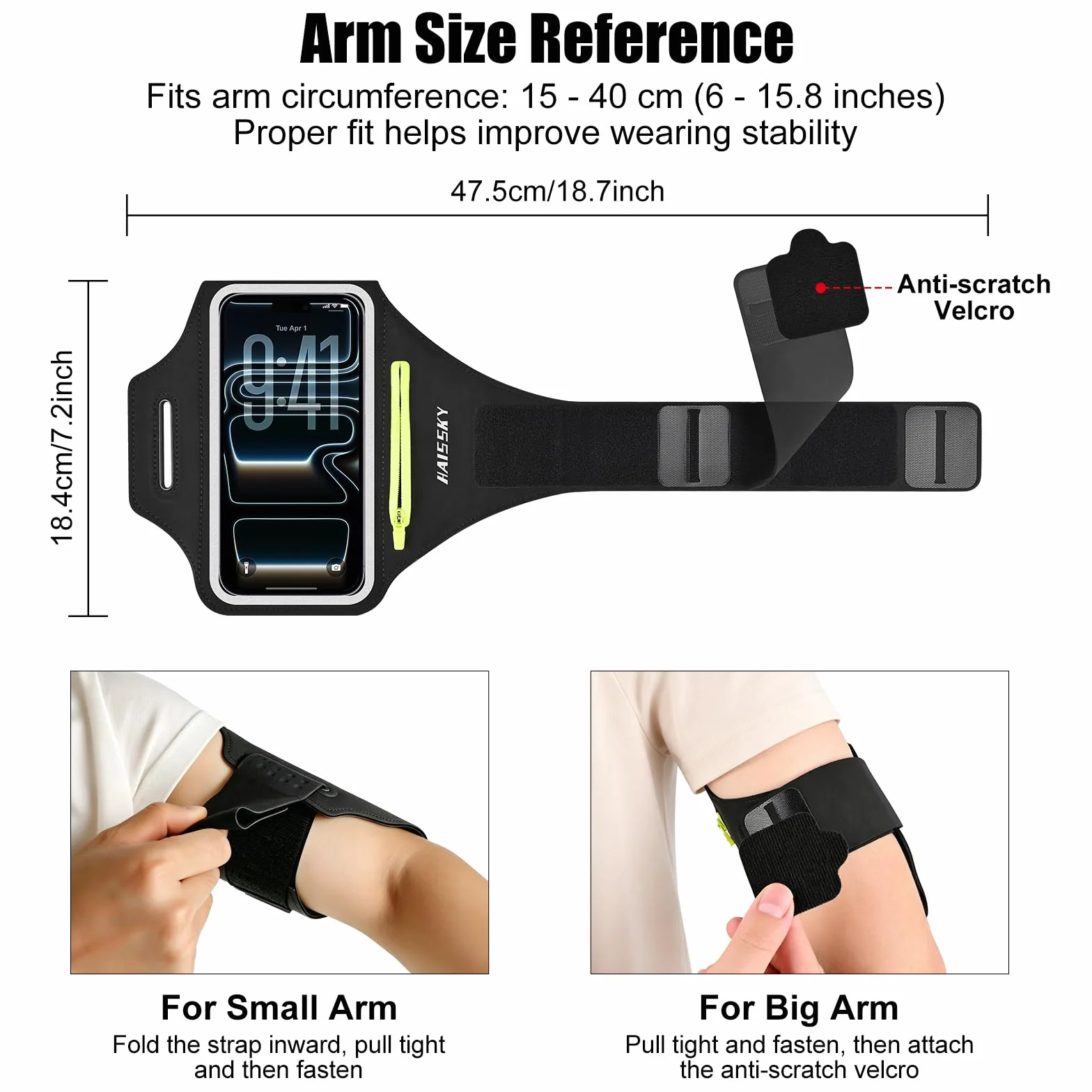 HAISSKY Opaska sportowa z kieszenią na słuchawki, sportowa opaska na ramię do iPhone'a 17 Pro Max 16 Pro 15 14 13 12 Plus, opaska na nadgarstek do smartfona do biegania na rowerze i wędrówek (czarna)