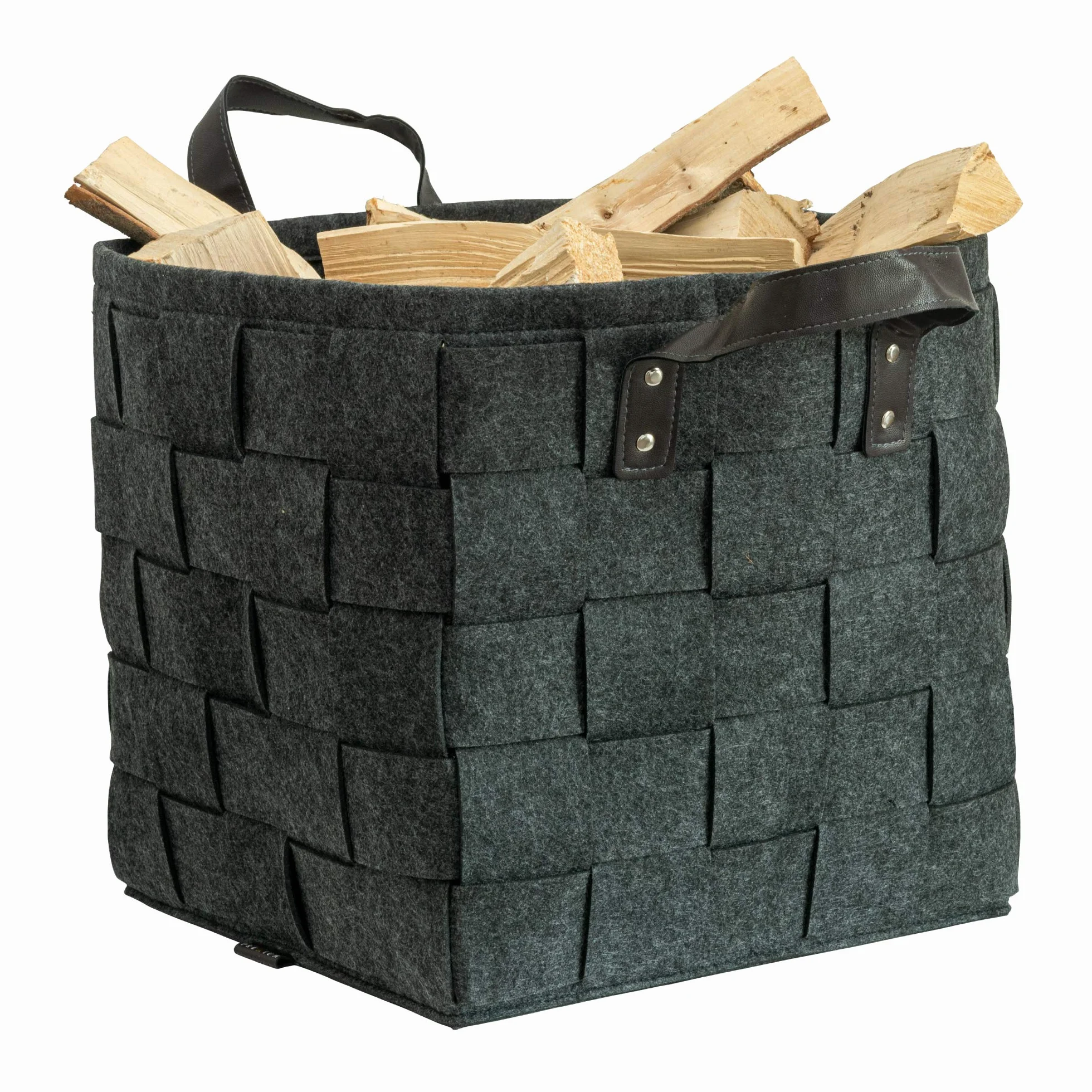 Rubberneck Filcowy kosz do przechowywania z uchwytami ze sztucznej skóry, na drewno, gazety, zabawki, 33 x 33 x 35 cm, ciemnoszary