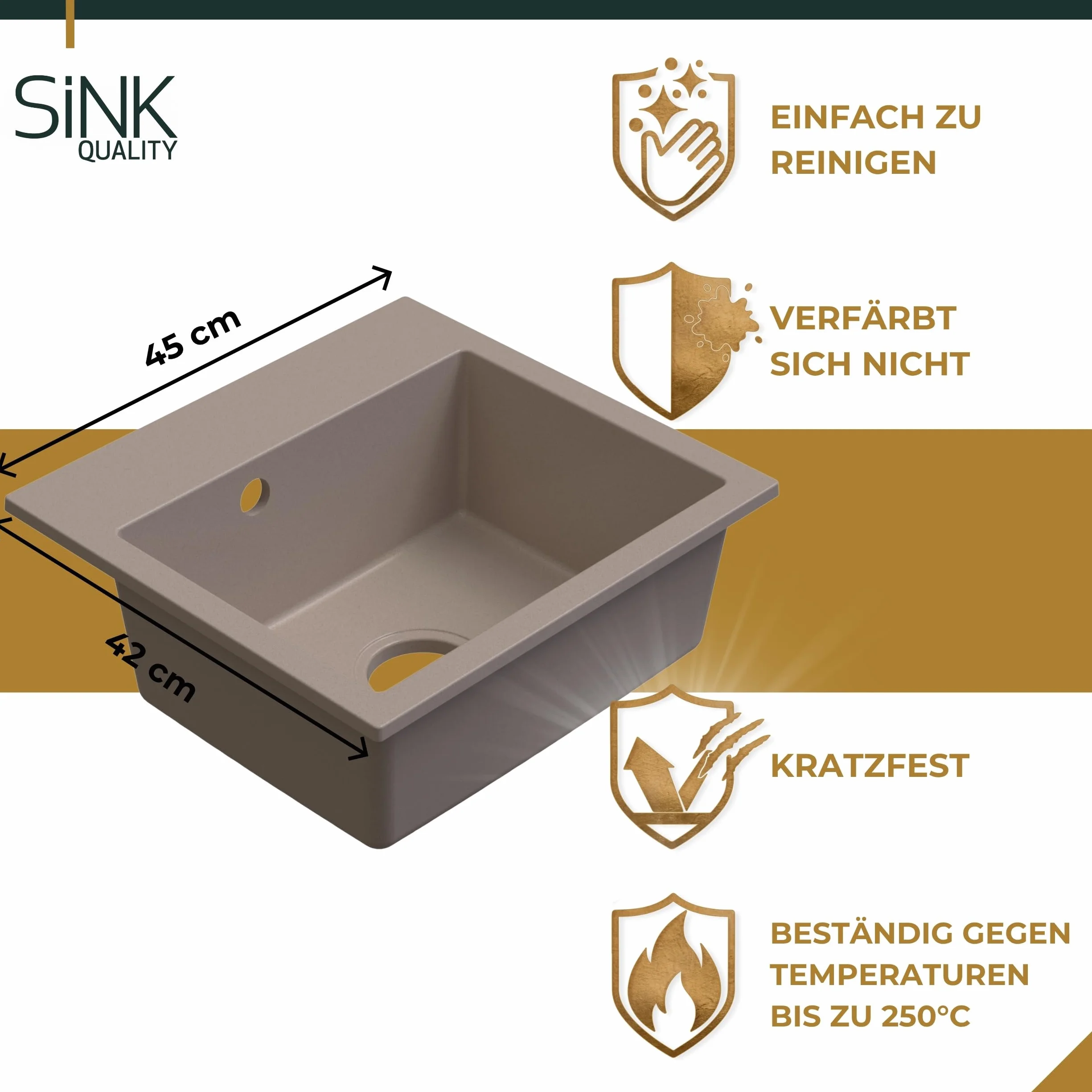 SINK Quality beżowy zlewozmywak z armaturą zestaw 45 × 42 cm – zlewozmywak z kranem, syfonem i impregnacją – kompletny zestaw z granitu – zlewozmywak do szafki pod umywalkę od 45 cm