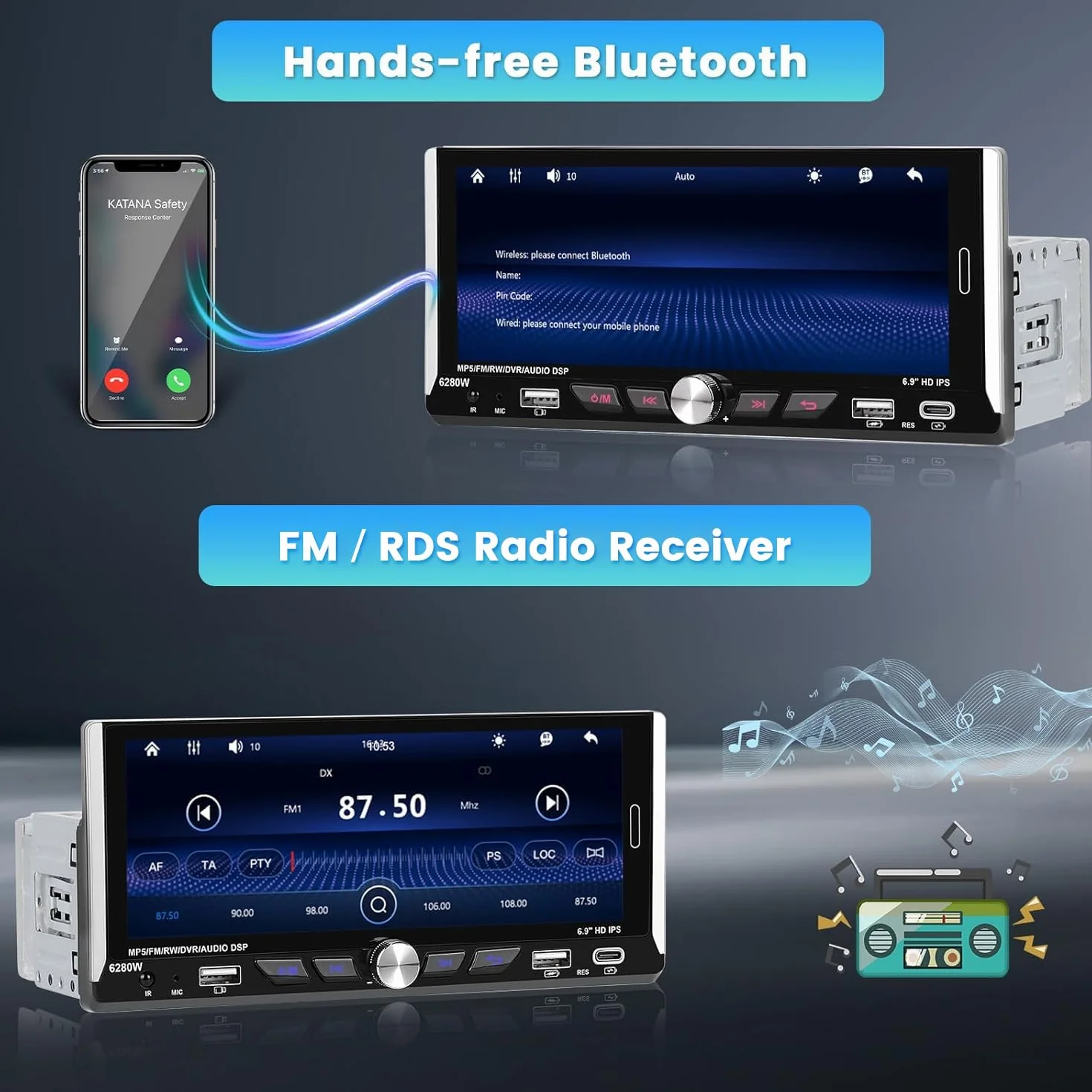 Inefala Radio Bluetooth 1 Din z bezprzewodowym Carplay i Android Auto, radio samochodowe 1 Din z wyświetlaczem 6,9 cali z Mirror Link RDS/FM AUX SWC kamera cofania Type-C i podwójne złącza USB