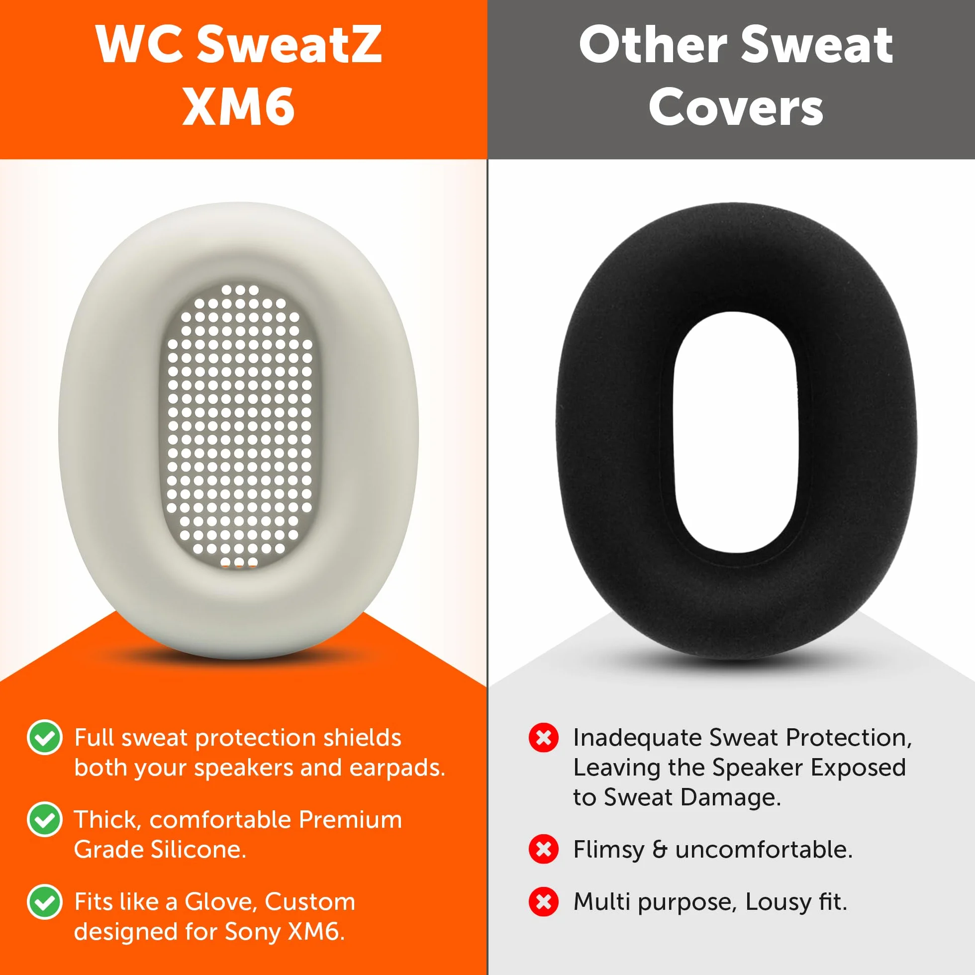 WC SweatZ XM6 – Opatentowane silikonowe nakładki przeciwpotowe kompatybilny z Sony WH-1000XM6 | Wicked Cushions | Nie pasuje do WC PadZ XM6 XL | Łatwe w praniu | Platinum Silver