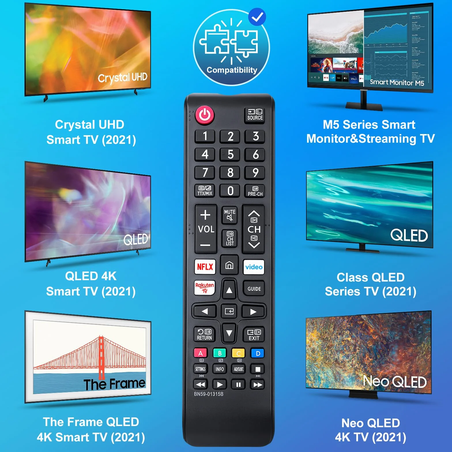 Pilot Smart BN59-01315B do telewizorów Samsung 4K UHD HDR Crystal QLED, do telewizorów Samsung UE Quantum z NFLX/Rakuten/Prime Video