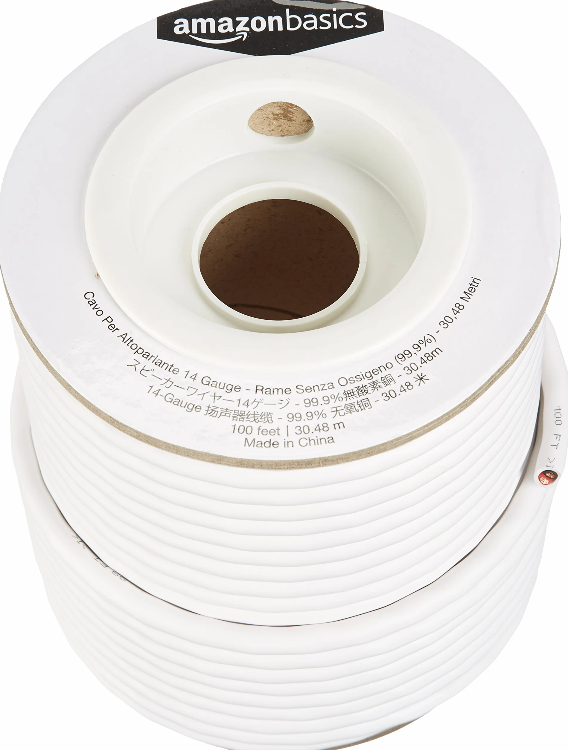 Amazon Basics kabel głośnikowy 14 AWG (1,63 mm), 99,9% miedzi beztlenowej, 30.5 m, biały,