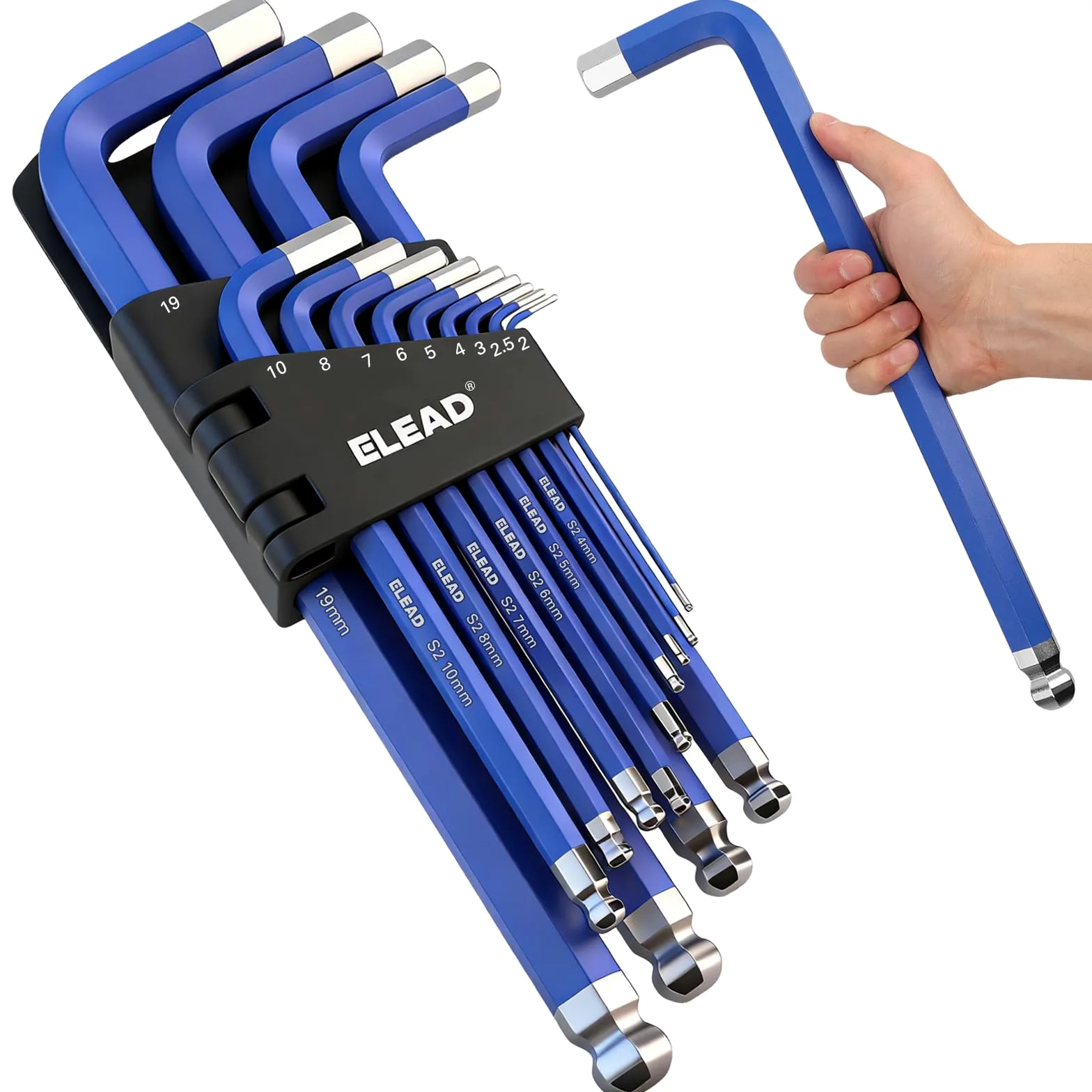 ELEAD Zestaw kluczy imbusowych Jumbo Hex Key | 13-częściowy metryczny 2-19 mm | długi koniec kulkowy trwały S2 | Motoryzacja | Mechanik | Meble | Profesjonalne narzędzia