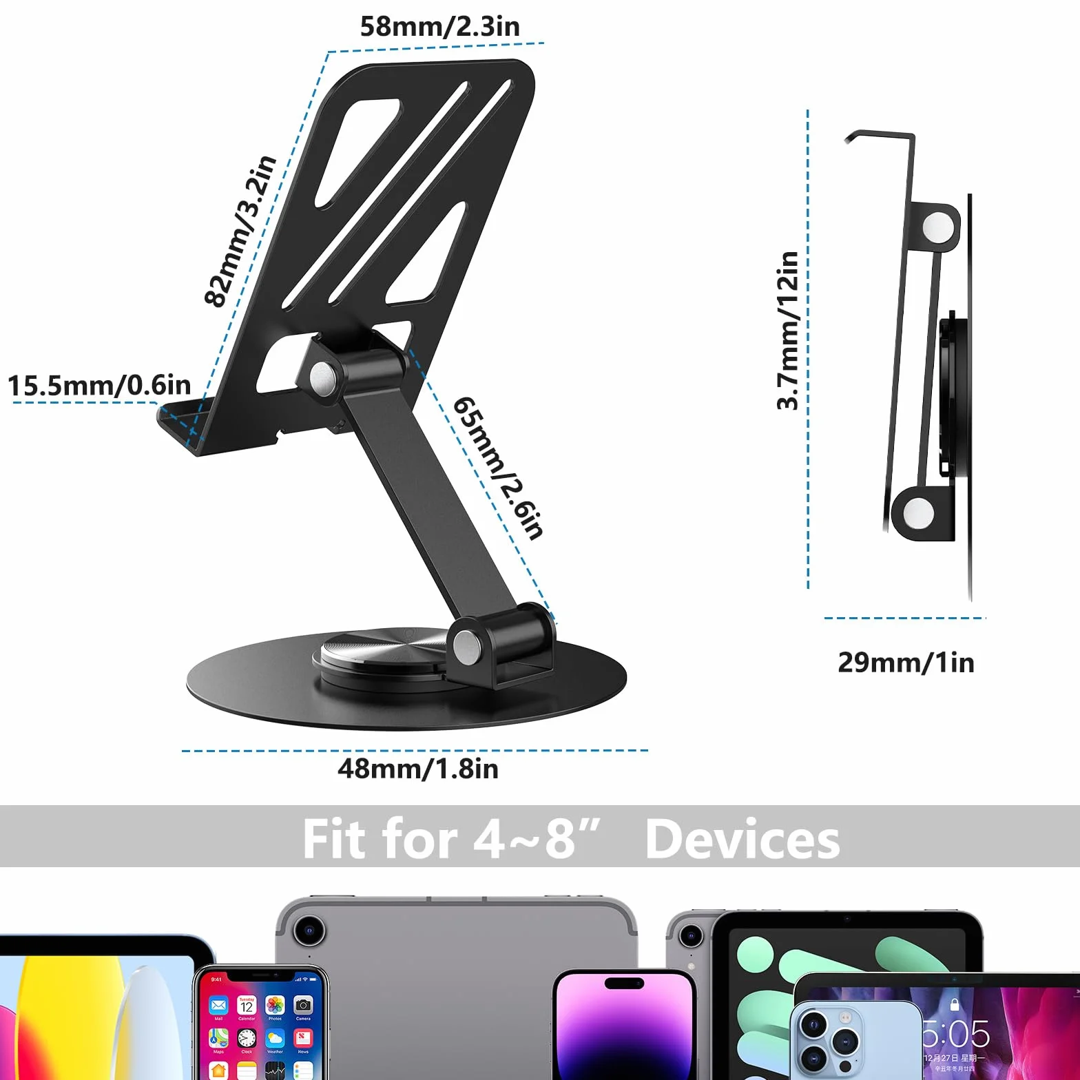 Stojak na telefon na biurko regulowany z obrotem 360° składany kompatybilny z telefonami i tabletami 10.2-20.3 cm
