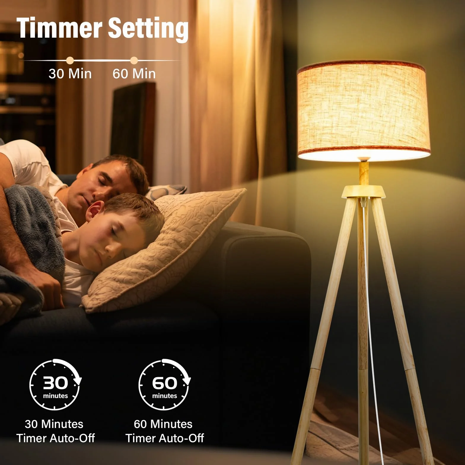 NIKYJM Lampa podłogowa Drewniany statyw Lampy podłogowe Ściemnialne z E27 12W Żarówka 3 Kolory Możliwość ściemniania 3000 K-6000K Lampa podłogowa z pilotem do salonu do salonu biura