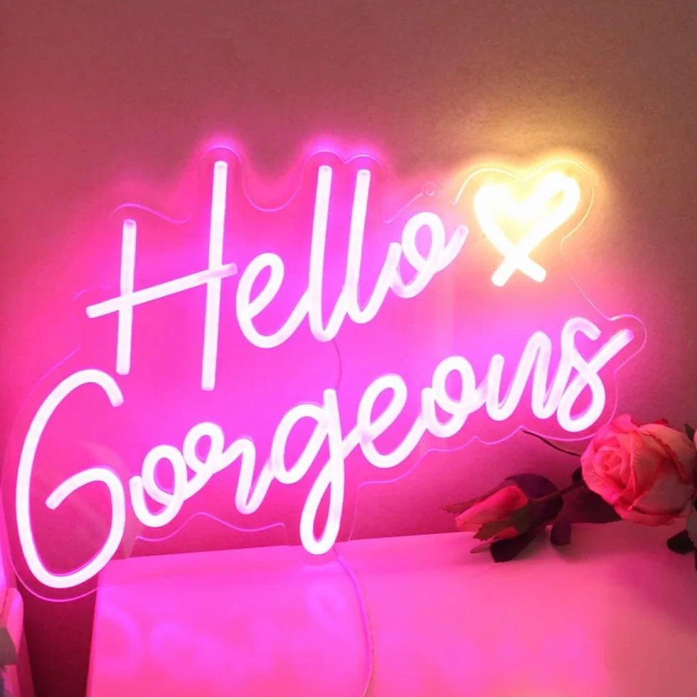 Hello Gorgeous neonowy znak Hello Beautiful różowy neonowe światła LED do domu, na ślub, urodziny, wieczór panieński, z przełącznikiem ściemnianym (5 V, 16,5 x 10,15 cm)