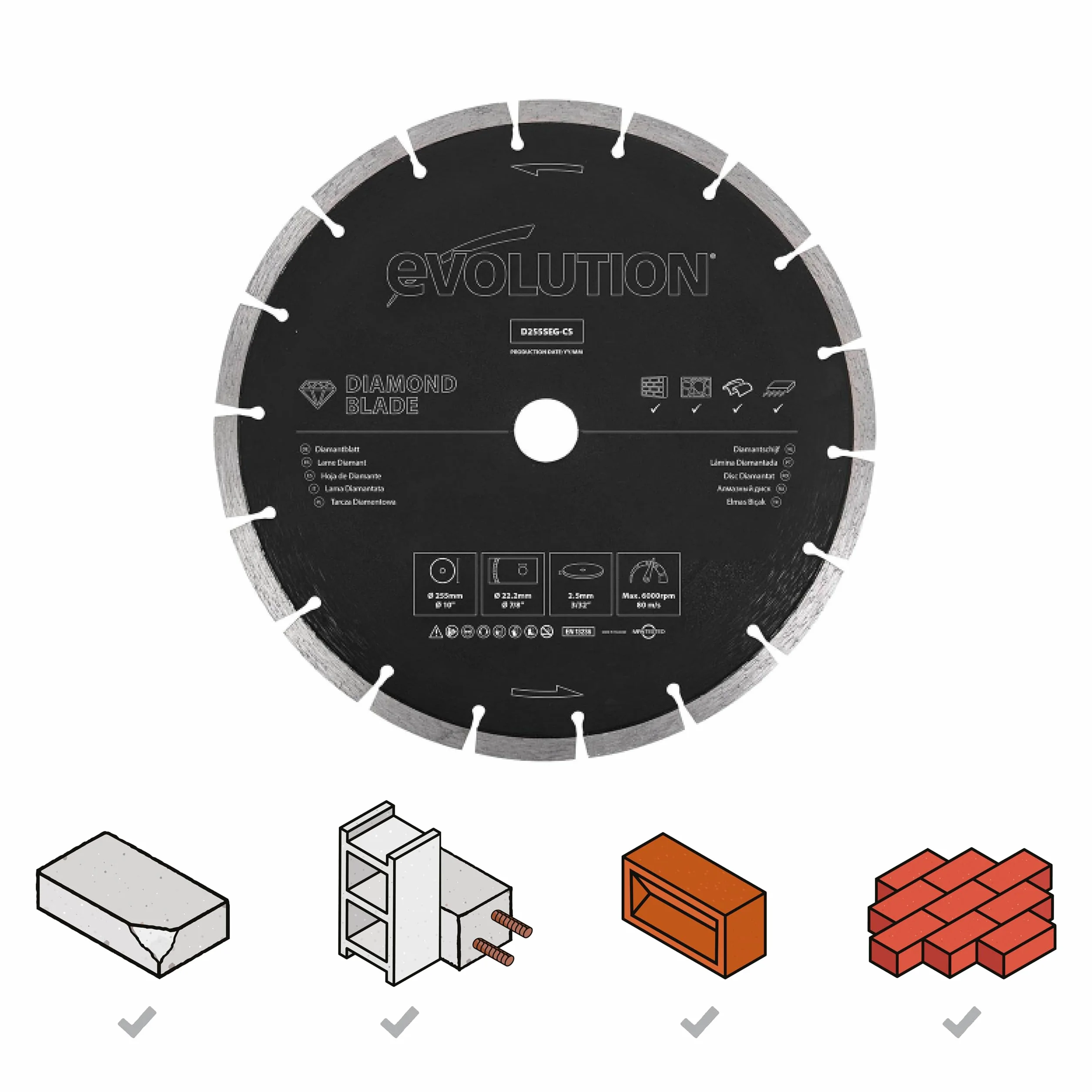 Evolution Power Tools Tarcza diamentowa D255SEG-CS do przecinarki tarczowej/piły do betonu, tnie kamień, beton zbrojony, cegłę i kostkę brukową, 230 mm