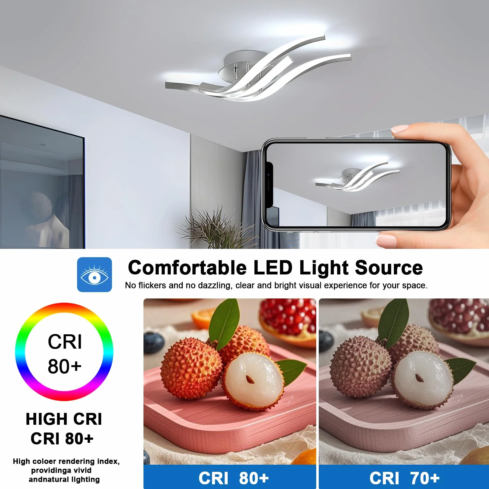 Dorlink Nowoczesna lampa sufitowa LED, 6500K zimna biel żyrandole kuchenne, 24 W 1920 lm żyrandol LED do sypialni, 4 lampy sufitowe zakrzywione fale, żyrandol do salonu, Ø52 cm