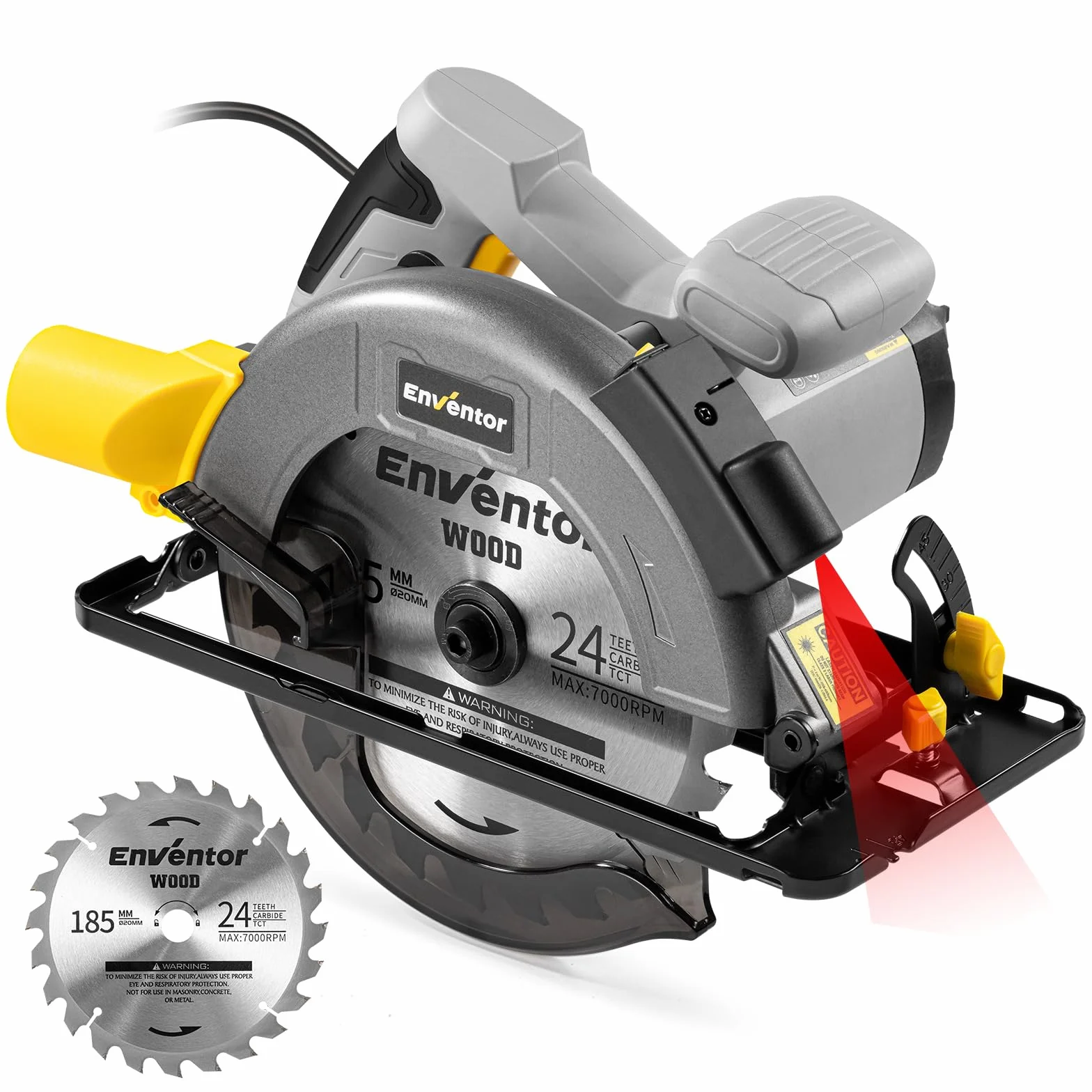 ENVENTOR Piła tarczowa, 1400 W, ręczna piła tarczowa z prowadnicą laserową, 6000 obr./min, maks. głębokość cięcia 62 mm (90°), 48 mm (45°), brzeszczoty (185 mm, 24T), silnik z czystej miedzi, idealna