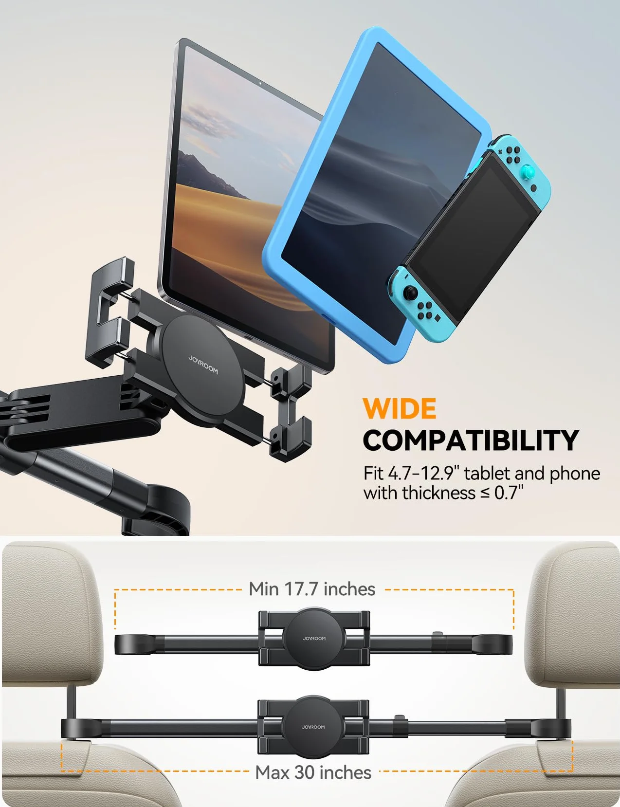 JOYROOM Uchwyt samochodowy na tablet [dwustronne mocowanie] uchwyt samochodowy na tablet z metalowym ramieniem, uchwyt samochodowy do iPada o przekątnej ekranu 4,7-12,9", tabletów i smartfonów, z 2