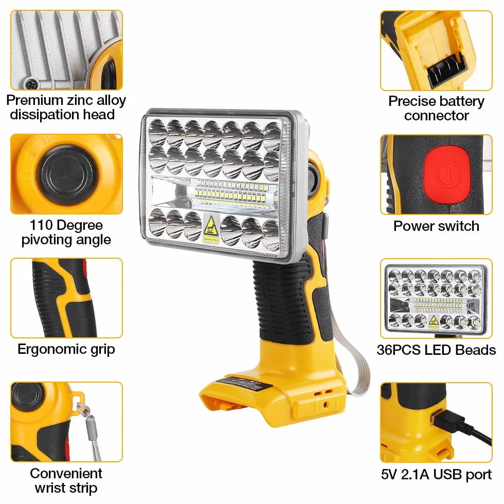 18 W 2000 lm wielofunkcyjne bezprzewodowe światło robocze LED dalekiego zasięgu reflektor z portem USB kompatybilny z baterią litową Dewalt 18 V do latarki zewnętrznej, światła pracy, obozowego (bez baterii)