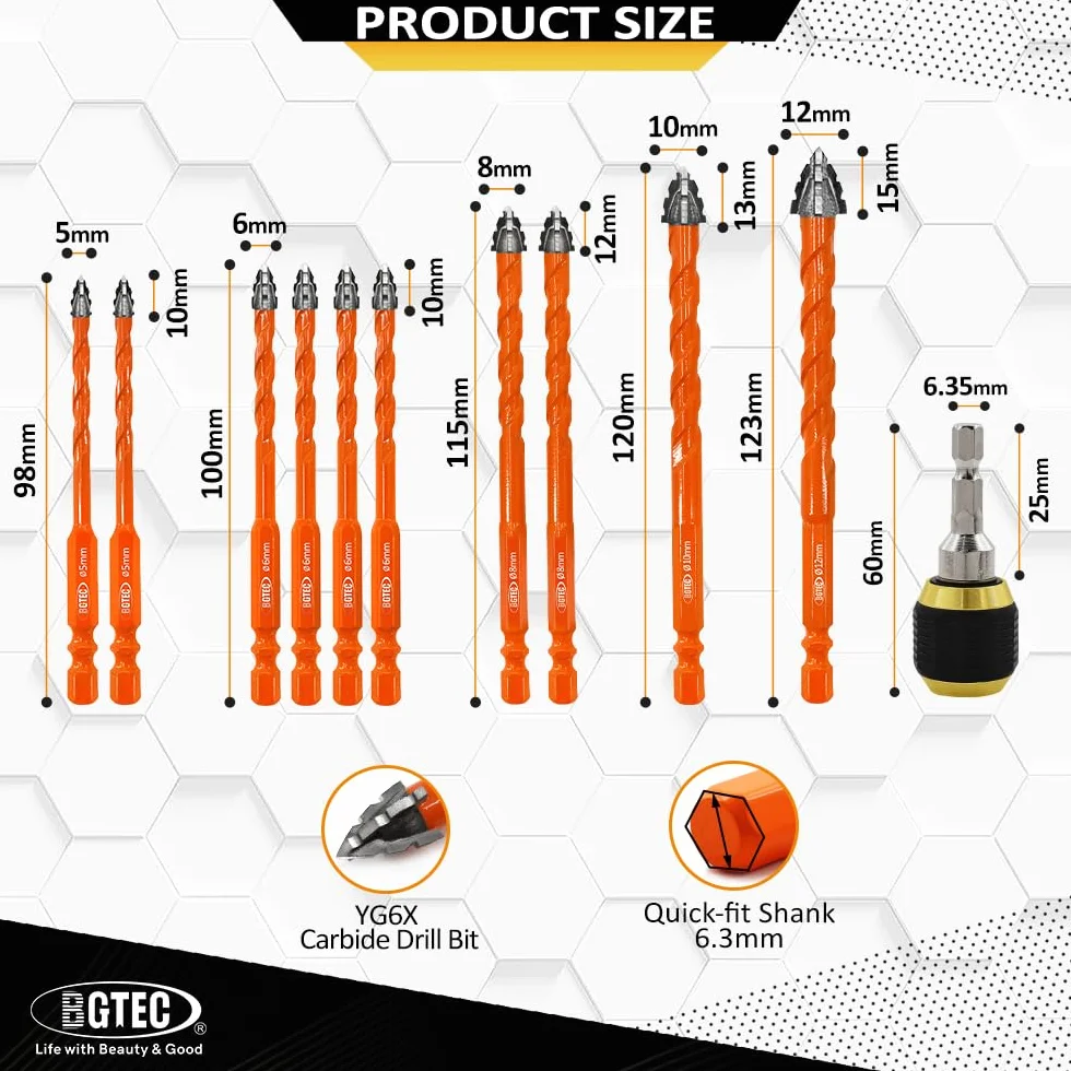 Wiertło do muru SDS, Wiertła do muru z węglika ząbkowanego 5 szt. 5-12 mm betonu, płytek | 10 PCS 5-10mm+Drill holder