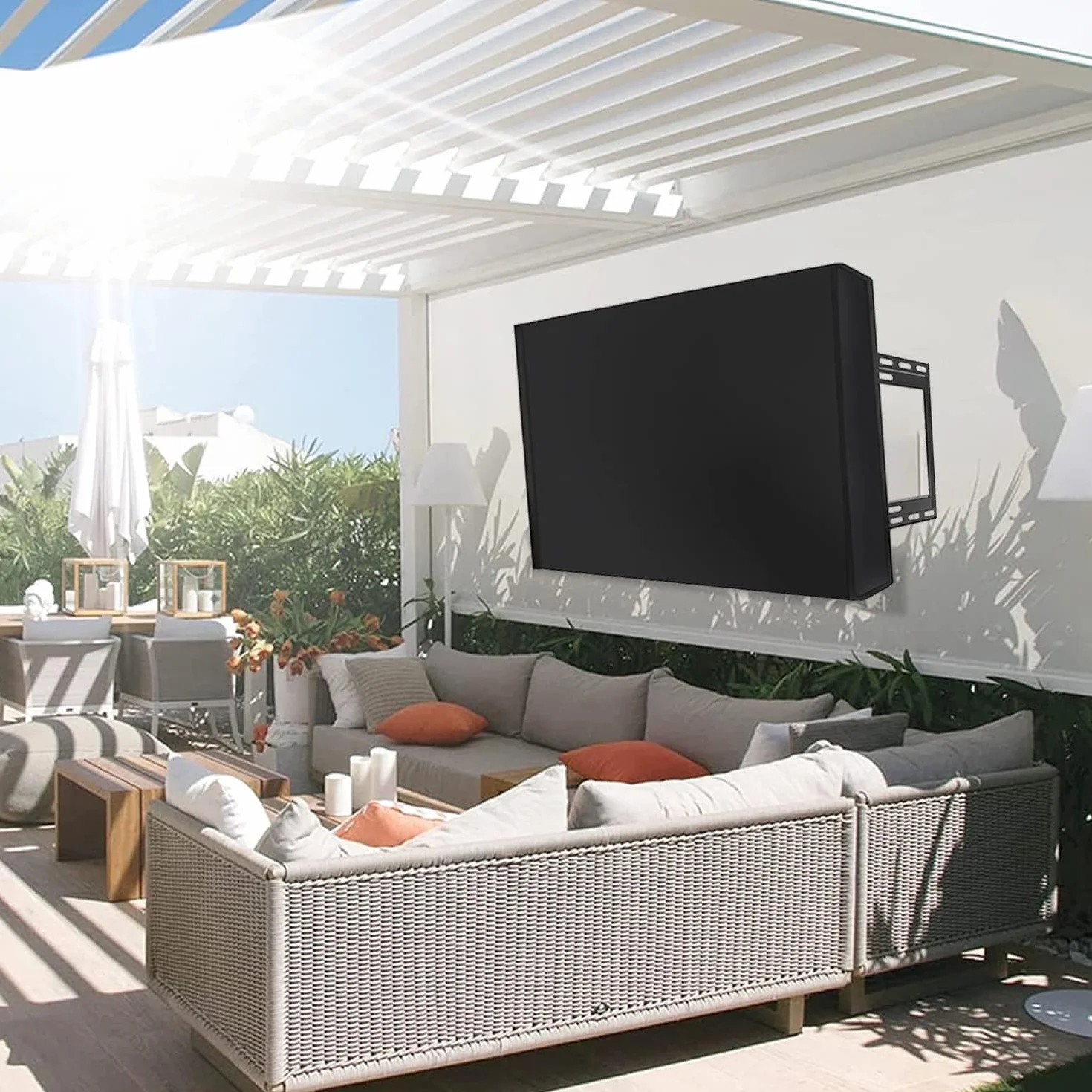 MaxAwe Osłona TV do użytku na zewnątrz, odporna na warunki atmosferyczne, uniwersalna folia ochronna na wyświetlacz o wymiarach 148 x 95 x 14 cm, odporna na warunki atmosferyczne, czarna