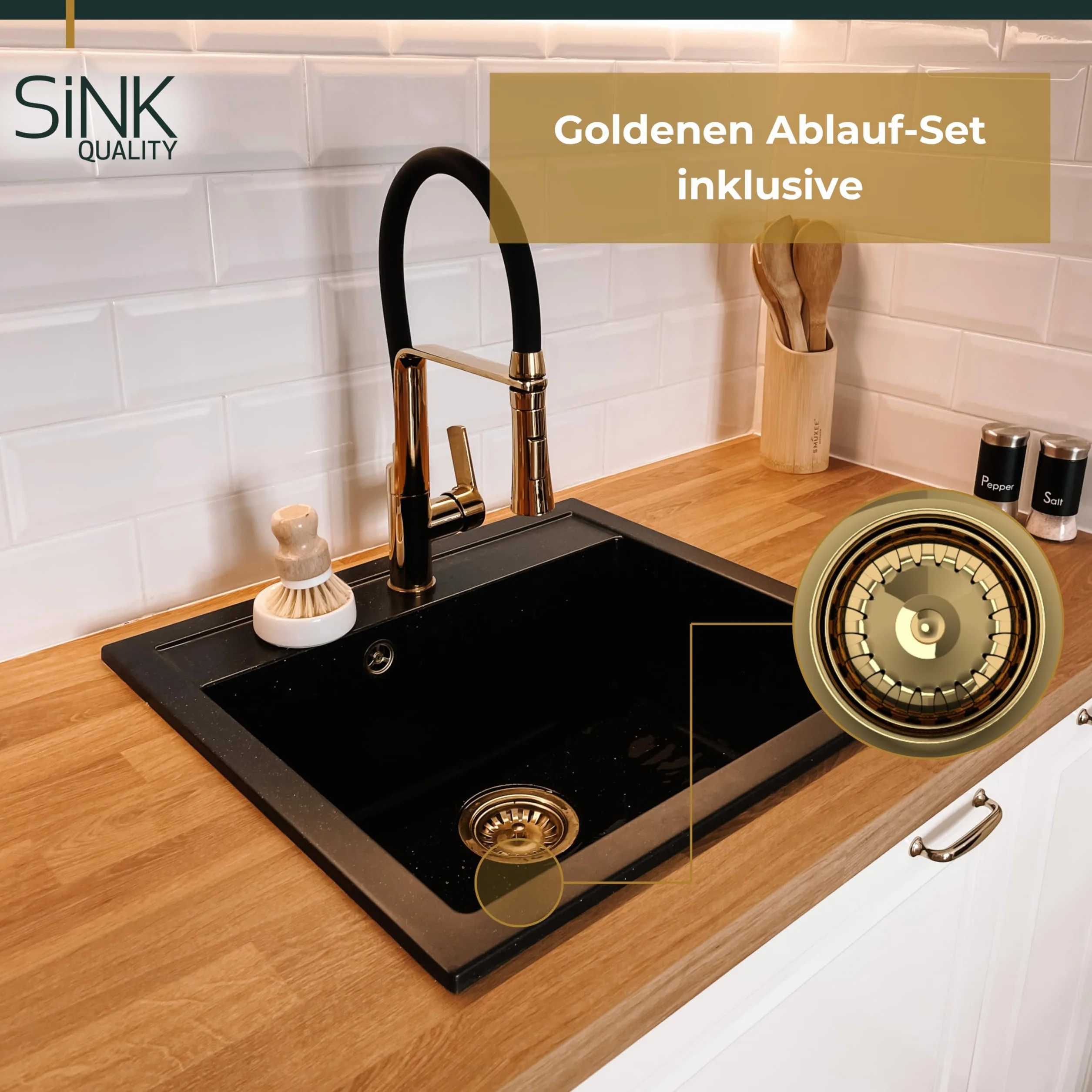 SINK QUALITY zlewozmywak granitowy biały 56 x 51 cm – zlewozmywak granitowy ze złotym syfonem i impregnacją – zlewozmywak do szafek od 60 cm szerokości – pojedynczy zlew do zabudowy – umywalka do