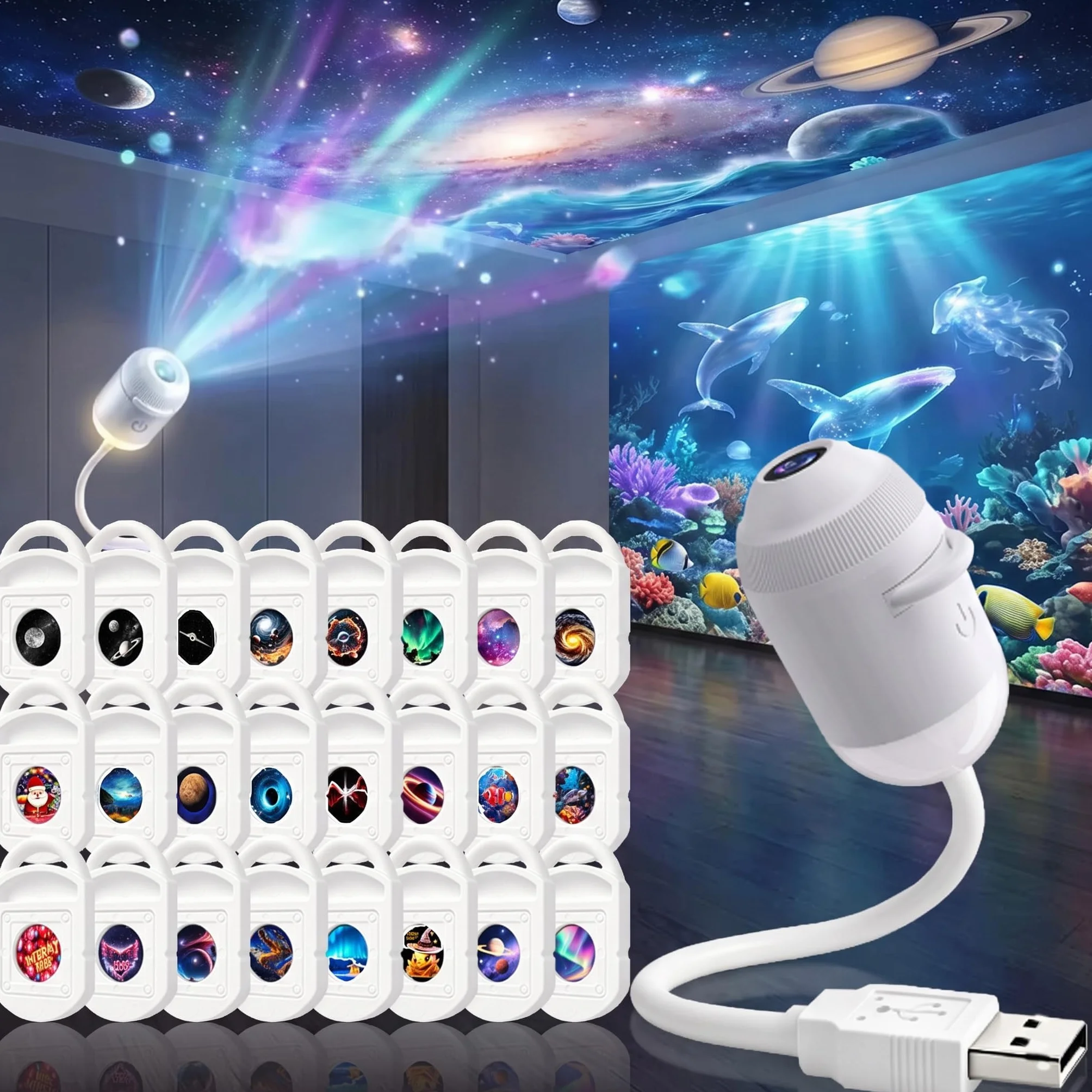 LMIX Galaxy, projektor nocny, 2 w 1, holograficzna gwiazda 5D, projektor Plug and Play, HD, gwiazda, inteligentne, dynamiczne projektory sufitowe, lampa 360°, kosmiczne gwiaździste niebo, projekcja
