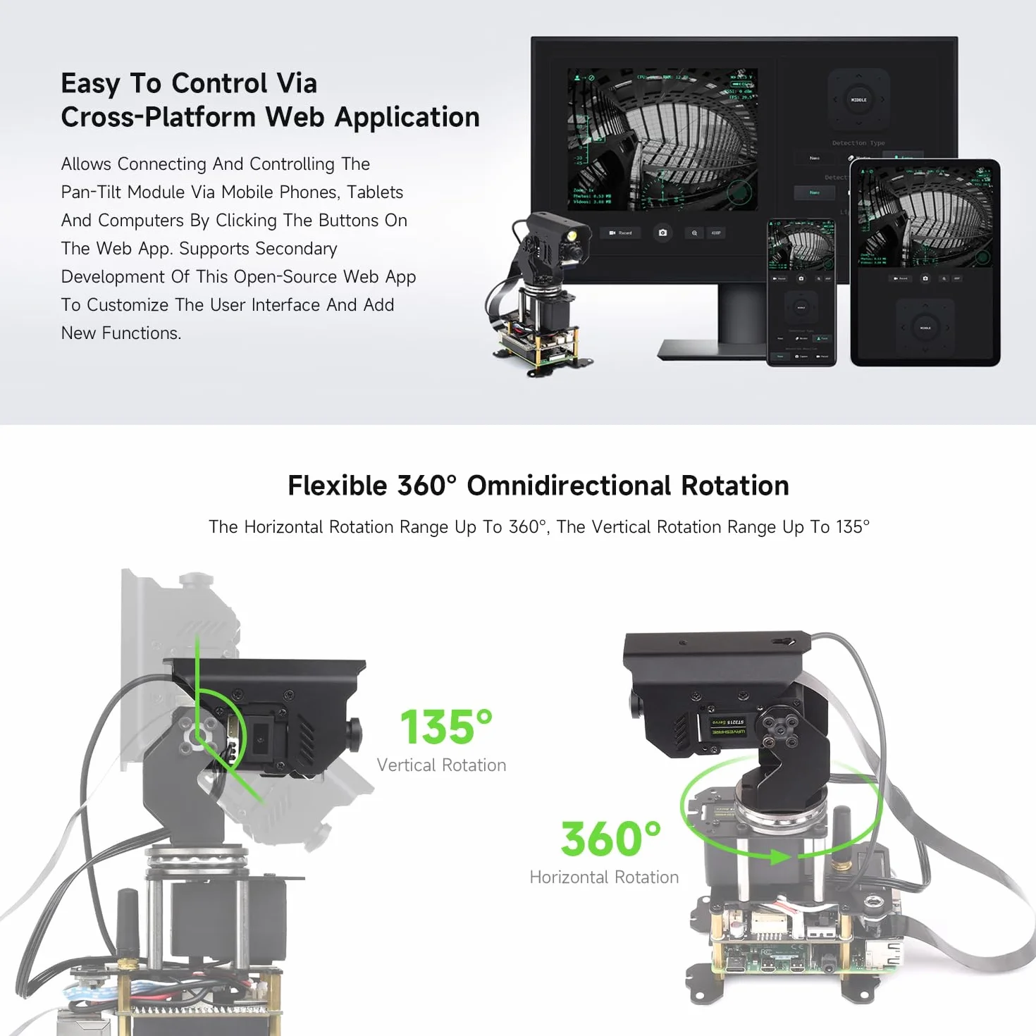 Waveshare 360° Omnidirectional High-Torque 2-Axis Pan-Tilt Camera Module for Raspberry Pi 4B/5