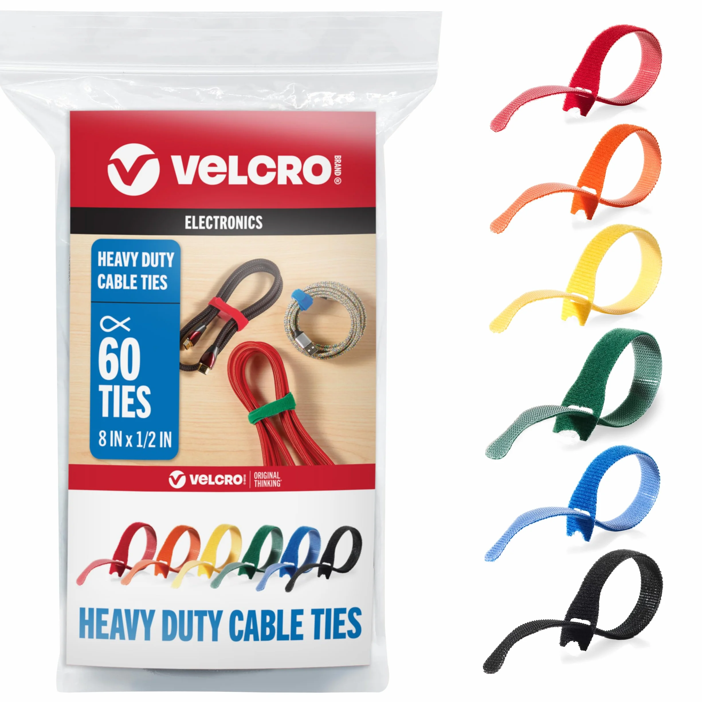 VELCRO Brand - JEDEN WRAP do kabli, przewodów i kabli - Wielokrotnego użytku, wytrzymałe - opaski 8 cali x 1/2 cala, 60 ct - wielokolorowy