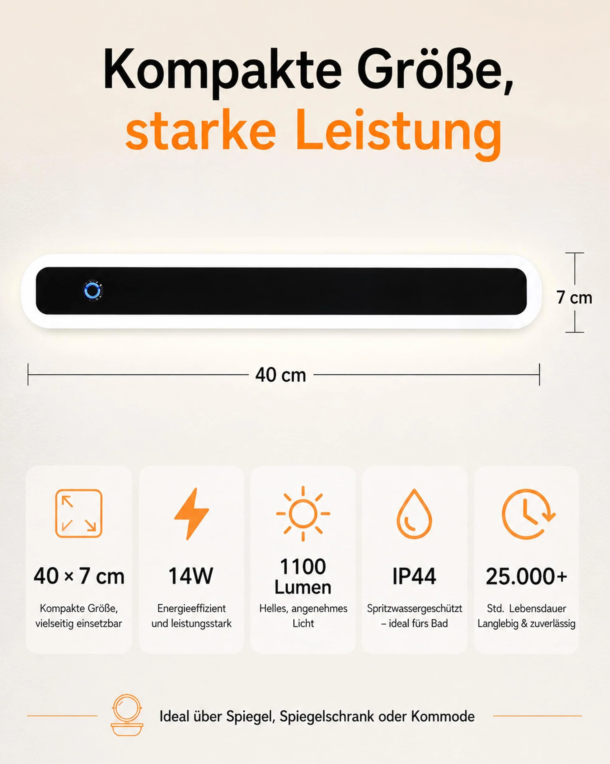 ACMHNC Lampa LED do lustra łazienki, 40 cm ściemniana lampa ścienna wewnętrzna nowoczesna z przełącznikiem dotykowym, 14 W do lustra, 3000 K/4000 K/6000 K, bez migotania