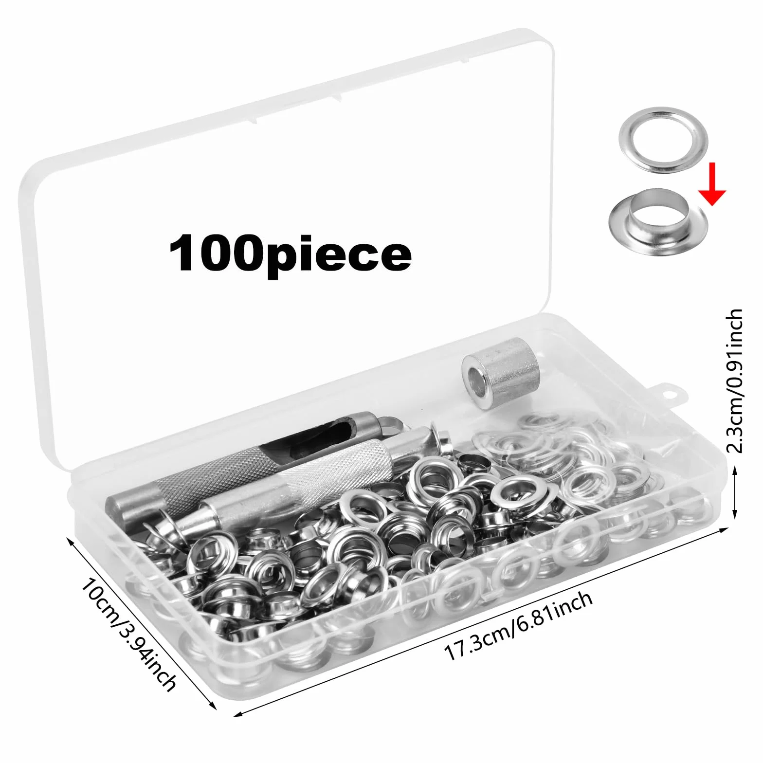 Dokeno Zestaw narzędzi do oczek, 100 sztuk oczek do plandek, zestaw metalowych oczek 12 mm z pudełkiem do przechowywania, zestaw narzędzi oczkowych do odzieży, toreb, płótna, zasłony, buty