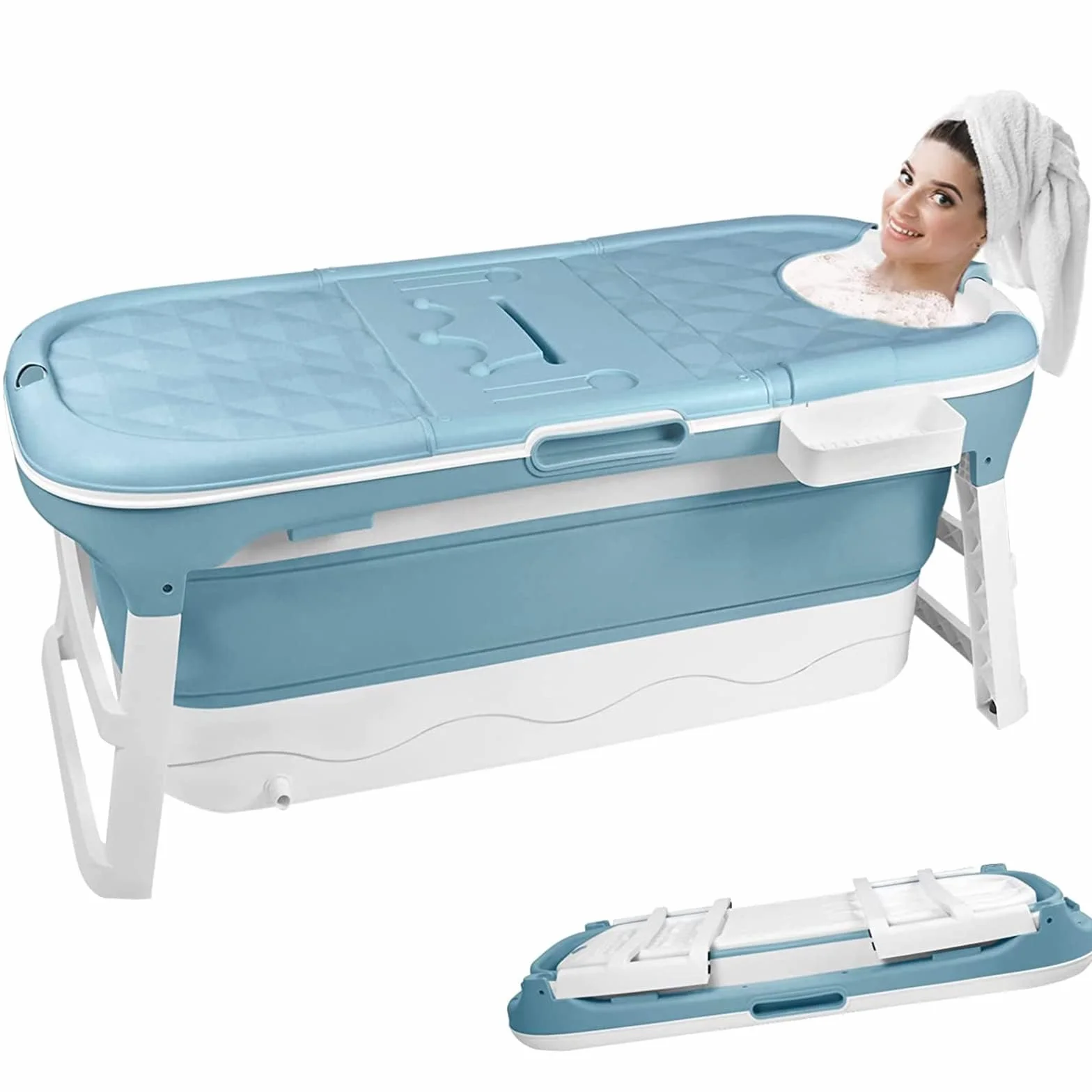 XMTECH Składana wanna dla dorosłych, wolnostojąca wanna do łazienki, 128 x 60 x 53 cm, przenośna, składana wanna XL, z półką na wannę i rolkami do masażu, do małej łazienki i na zewnątrz