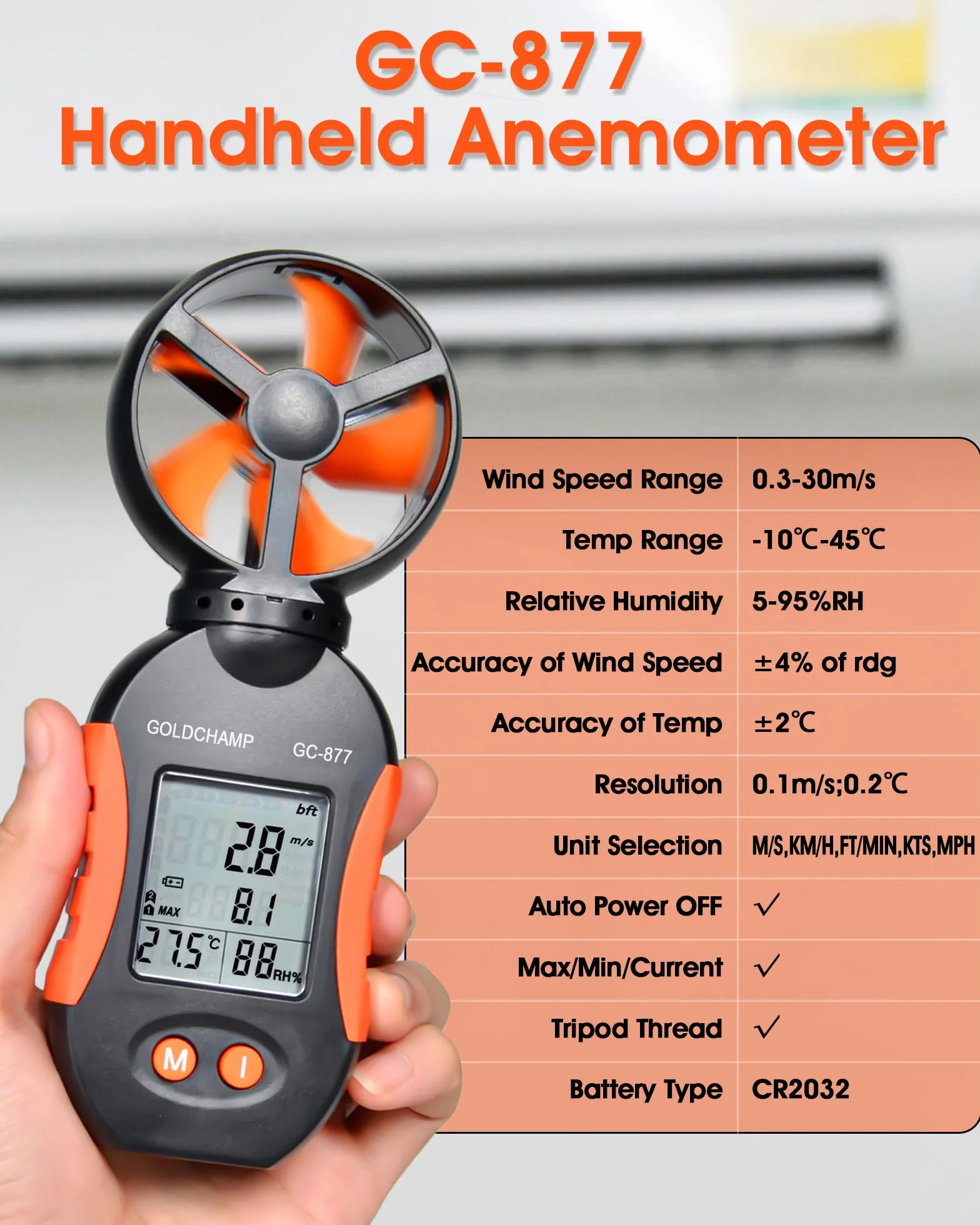 Detektor gazu 4 w 1 do palnych/O2/H2S/CO, alarmu dźwiękowego/świetlnego/wibracyjnego i wyświetlacza LCD, detektorów wycieku gazu do domu + anemometru ręcznego, 5 jednostek i przełącznik ℃/℉, miernik
