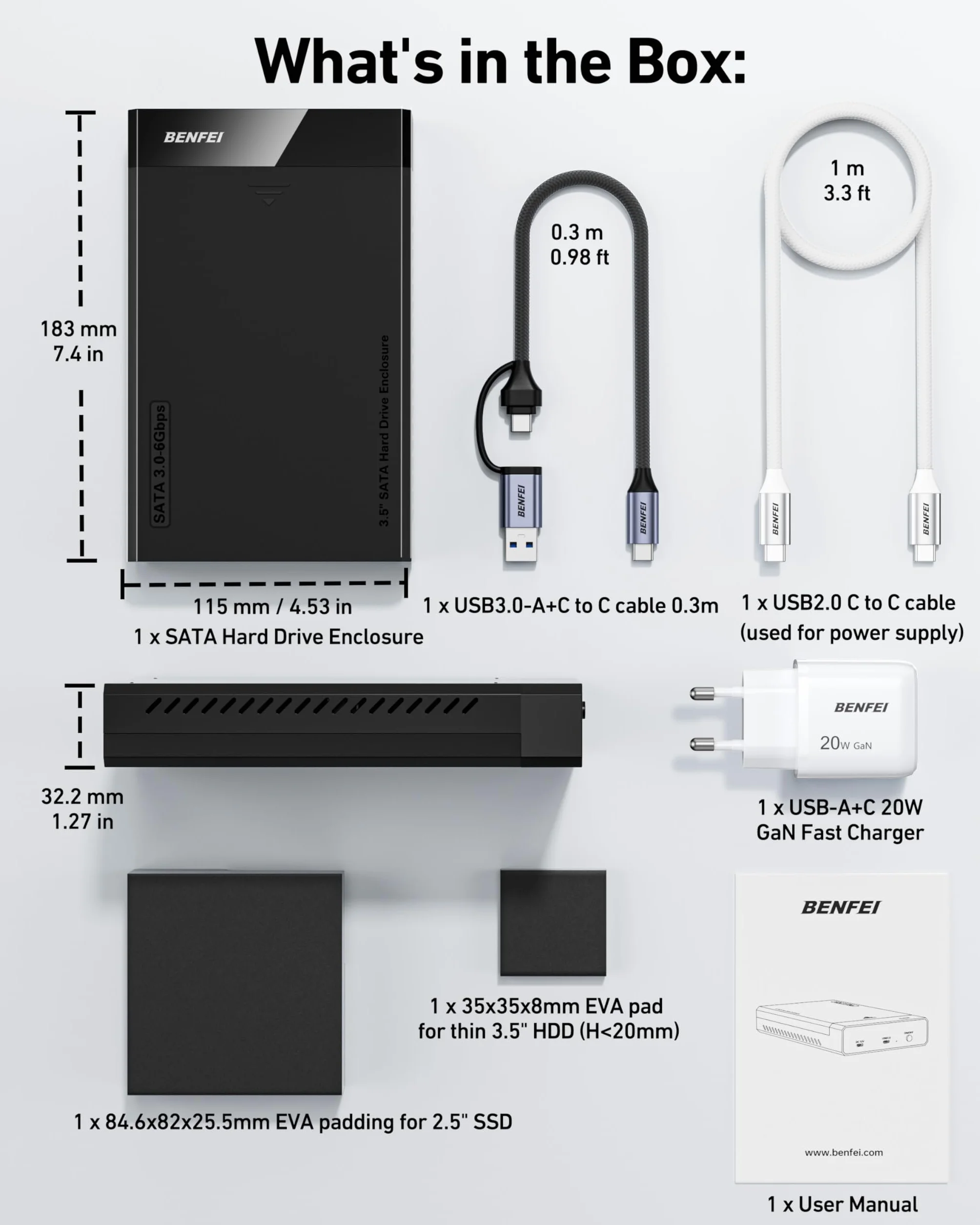 BENFEI Obudowa HDD/SSD SATA 3,5/2,5 cala, konstrukcja bez narzędzi, obsługuje dyski twarde 20 TB i UASP