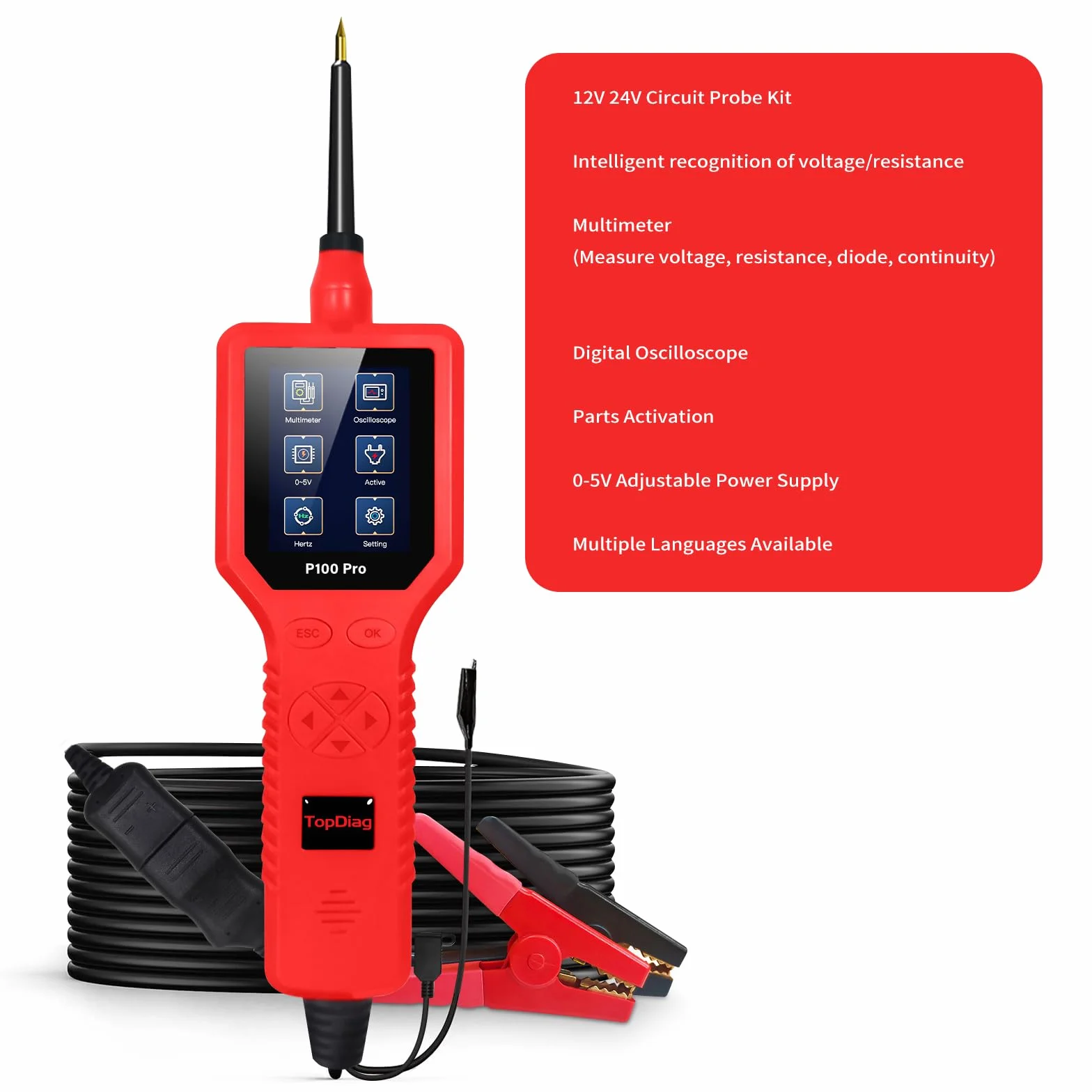 P100 Pro -30V Tester Obwodu Samochodowego Tester Diagnostyczny Obwodu Samochodowego 12V 24 V Zestaw Sondy Multimetrowego Aktywacja Części Cyfrowych/0-5V Zasilacz/wiele Języków (czerwony)