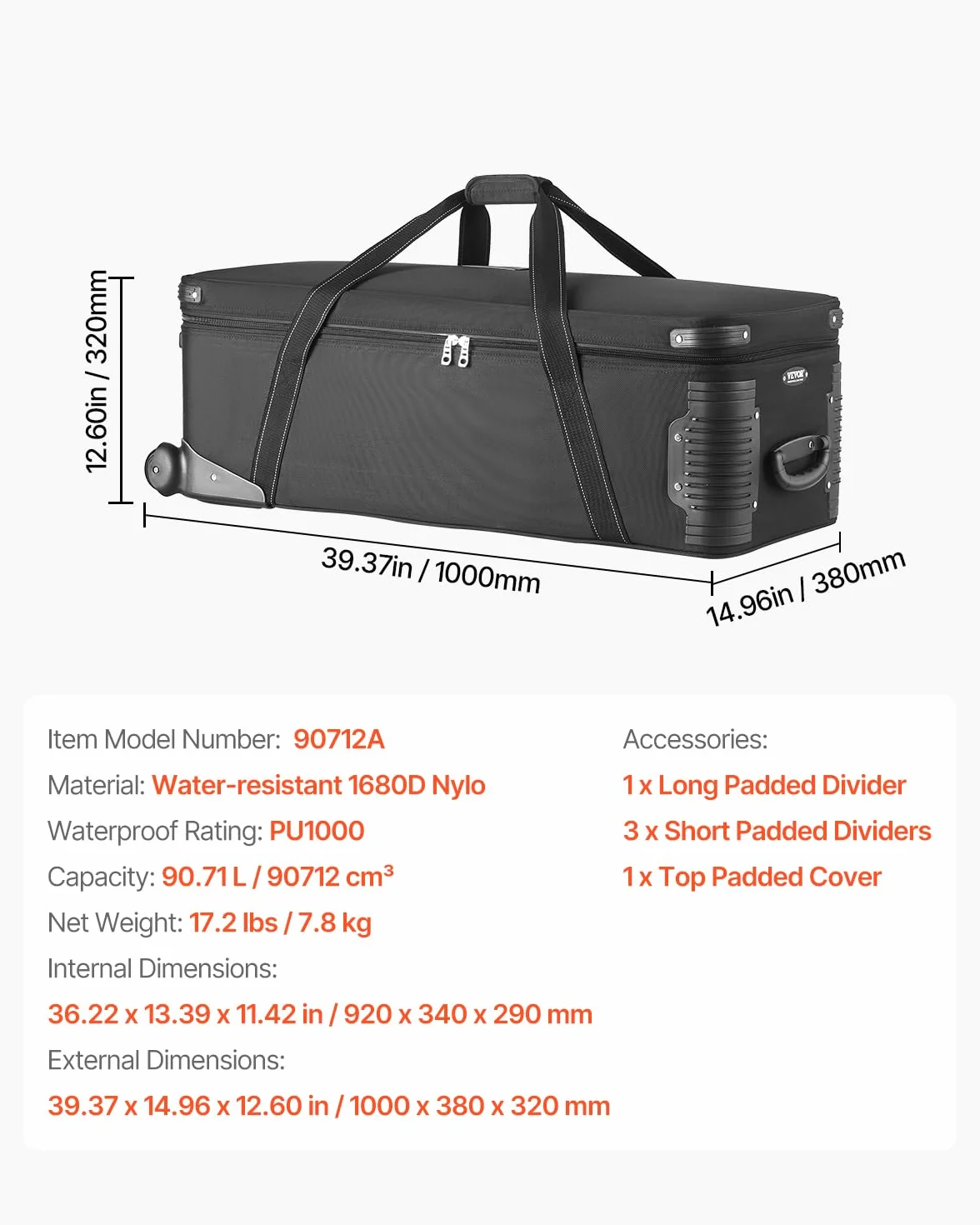 VEVOR Walizka na kółkach na sprzęt studyjny 100 x 38 x 32 cm czarna torba na aparat