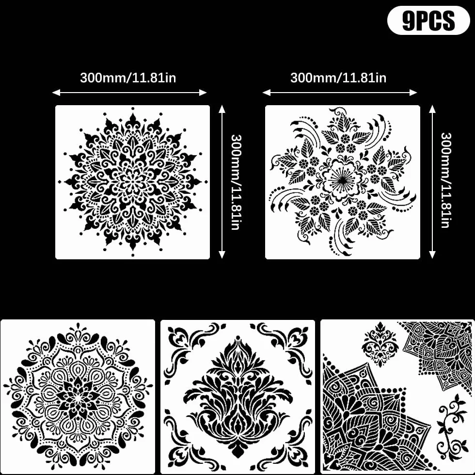 9 sztuk szablonów mandali do malowania 30 x 30 cm duży szablon do malowania ścian mandali szablony wielokrotnego użytku plastikowe szablony do rysowania dla majsterkowiczów ściany meble wystrój