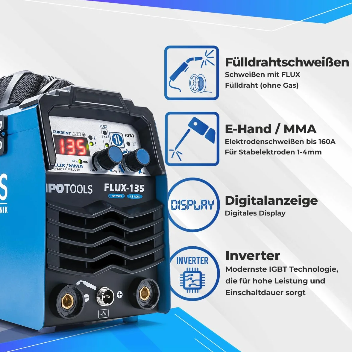 IPOTOOLS FLUX-135 spawarka drutem rdzeniowym bez gazu 135 A – 3 w 1 FLUX/ARC/MMA inwerterowa spawarka z synergicznym posuwem drutu, IGBT, 230 V, kompaktowa i przenośna