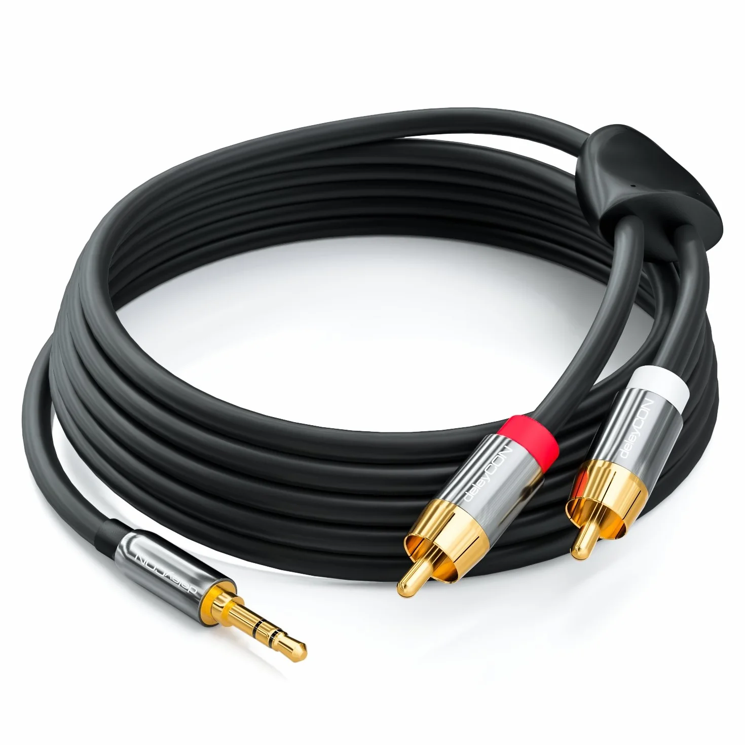 deleyCON 1m Kabel Klinke Cinch 3,5mm Audio Stereo 2x RCA Metalowe Wtyki Czarny