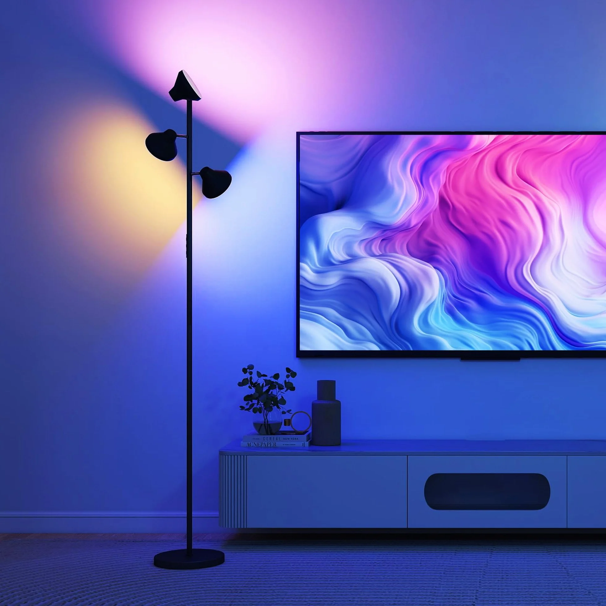 HOMCOM Lampa podłogowa z regulacją jasności i lampą do czytania, zmiana kolorów RGB, sterowanie dotykowe i pilotem, 3 obrotowe głowice, 4150lm, 2700K–6000K, do salonu i sypialni