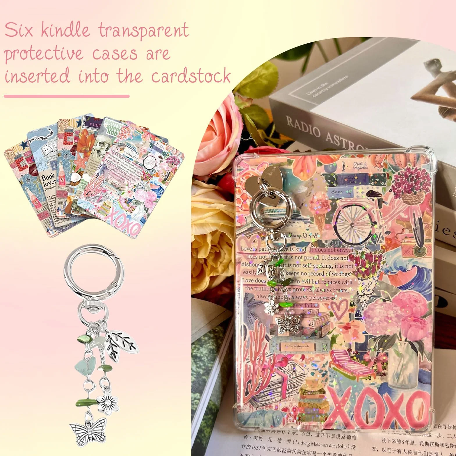 VelvetGlow 6 szt. wkładek do etui Clear Case na czytnik e-booków i 2 szt. zatyczek antykurzchowych Retro Phone Charm Set, wkładki kartonowe 17,3 x 12,2 cm kompatybilne z Kindle Paper White 11./12