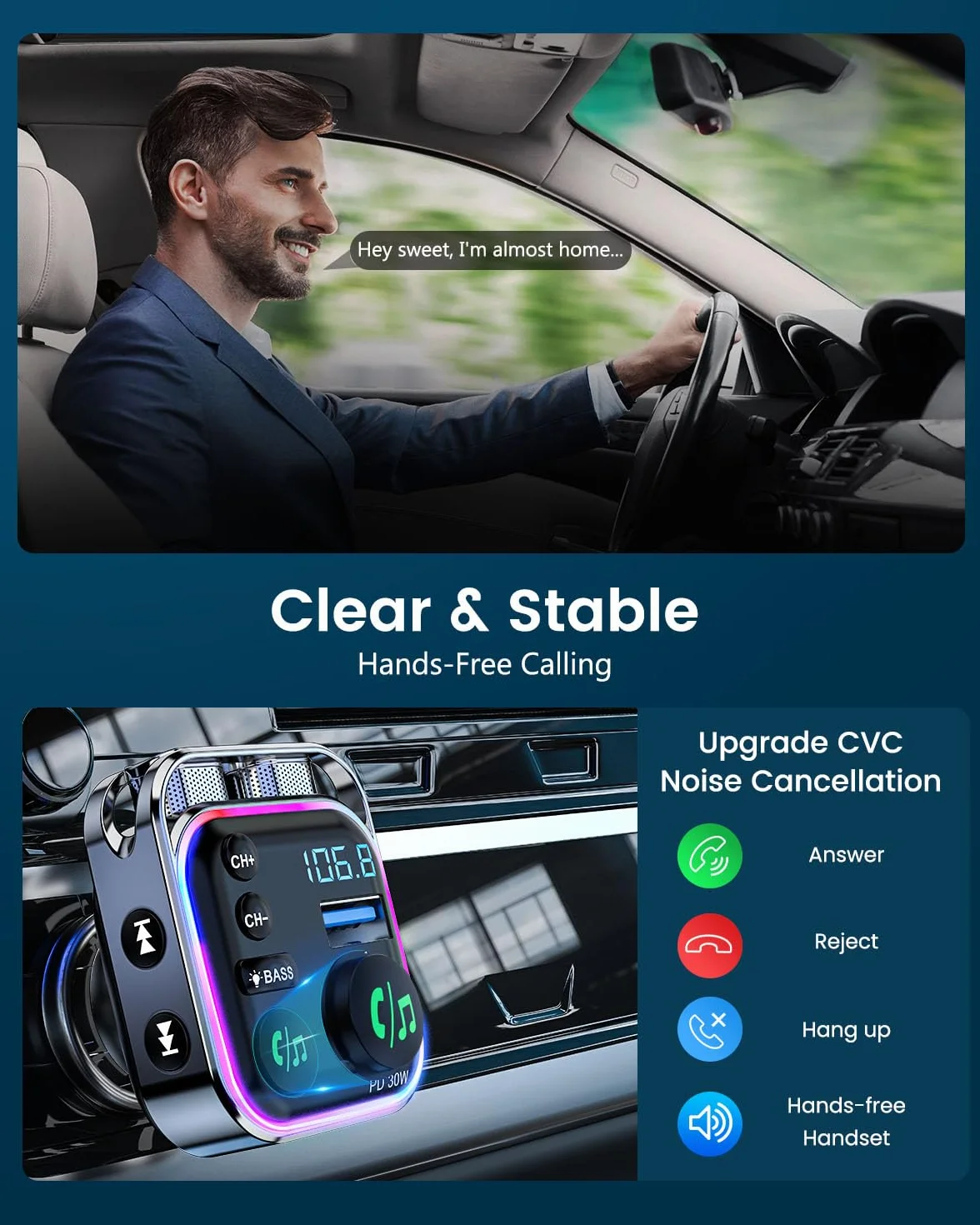 Lencent Bluetooth 5.3 nadajnik FM 48 W szybka ładowarka PD30W QC18W dźwięk Hi-Fi