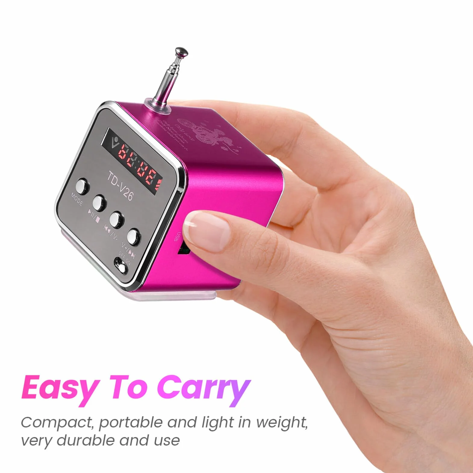iplusmile -V26 cyfrowy głośnik mini radio FM stereo MP3 MP4 odtwarzacz muzyki obsługuje karty Micro Sd/TF/USB/Disk/Fm (różowy)