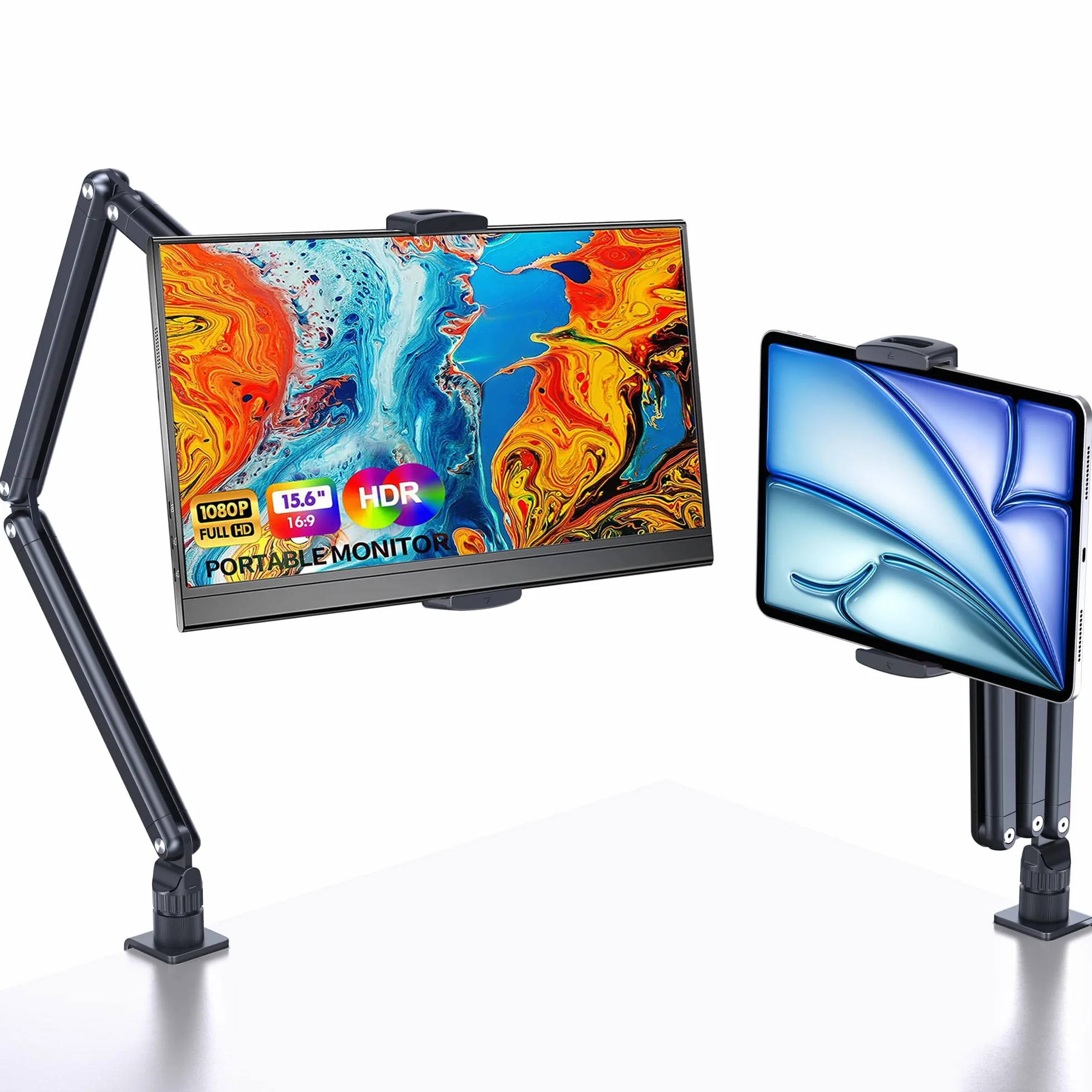 Stojak na tablet iPad, przenośny stojak na monitor, uchwyt biurkowy do ekranu 15,6" 16", aluminium, długi rękaw z podstawą obracającą się o 360°, kompatybilny z ipadami o 4,7-12,9", Kindle